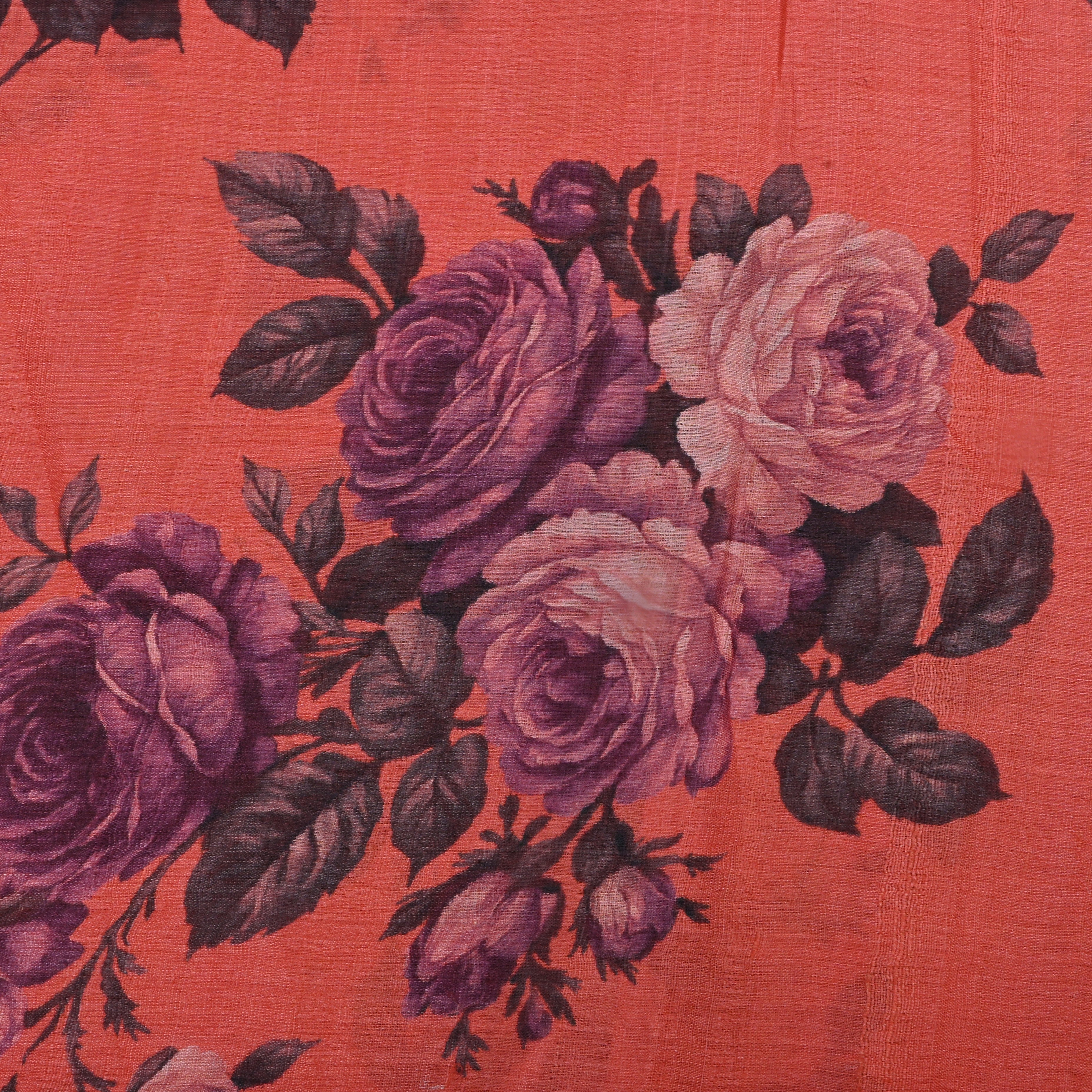 Dark Coral Orange Tussar Fabric With Floral Prints