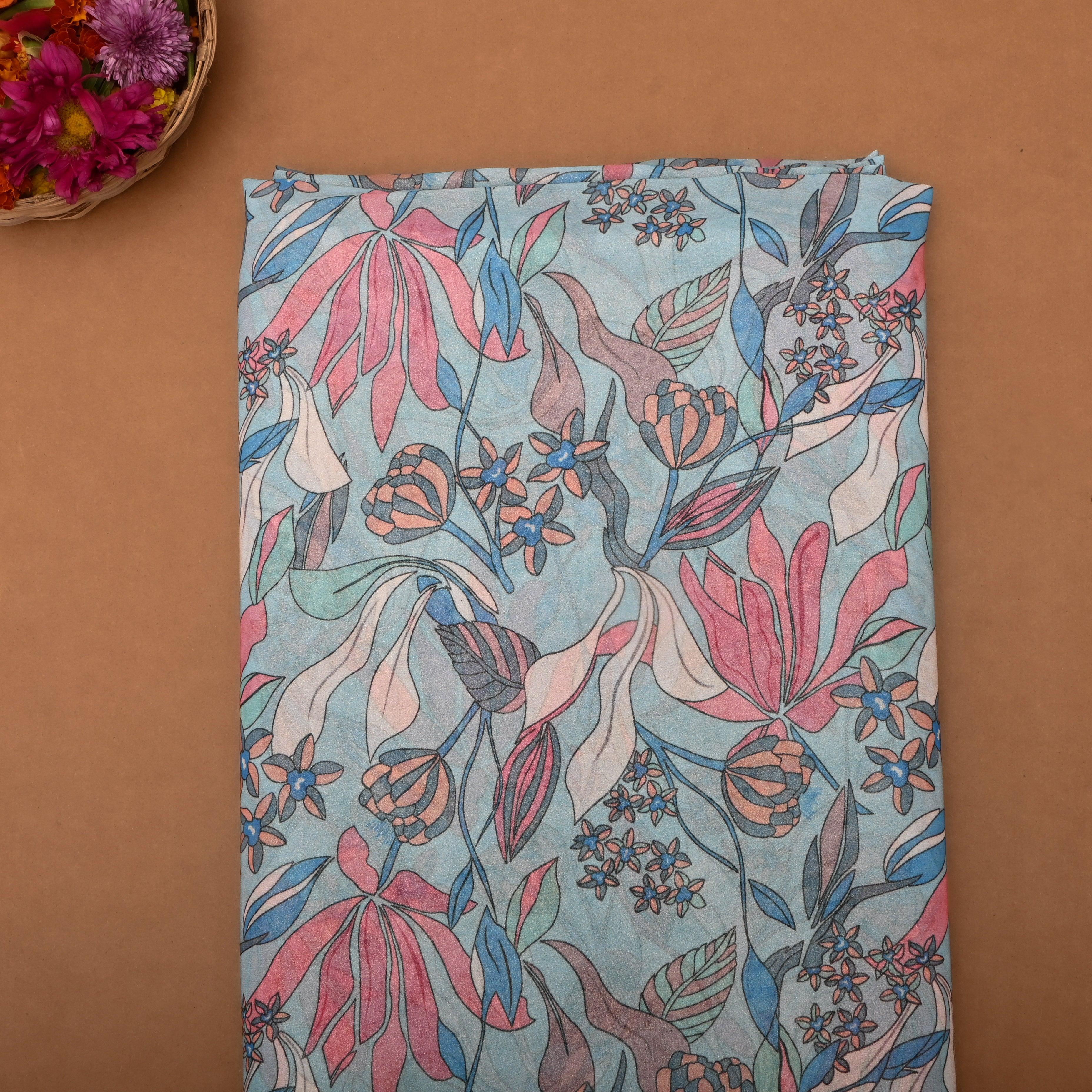 Blue Tissue Fabric With Floral Prints