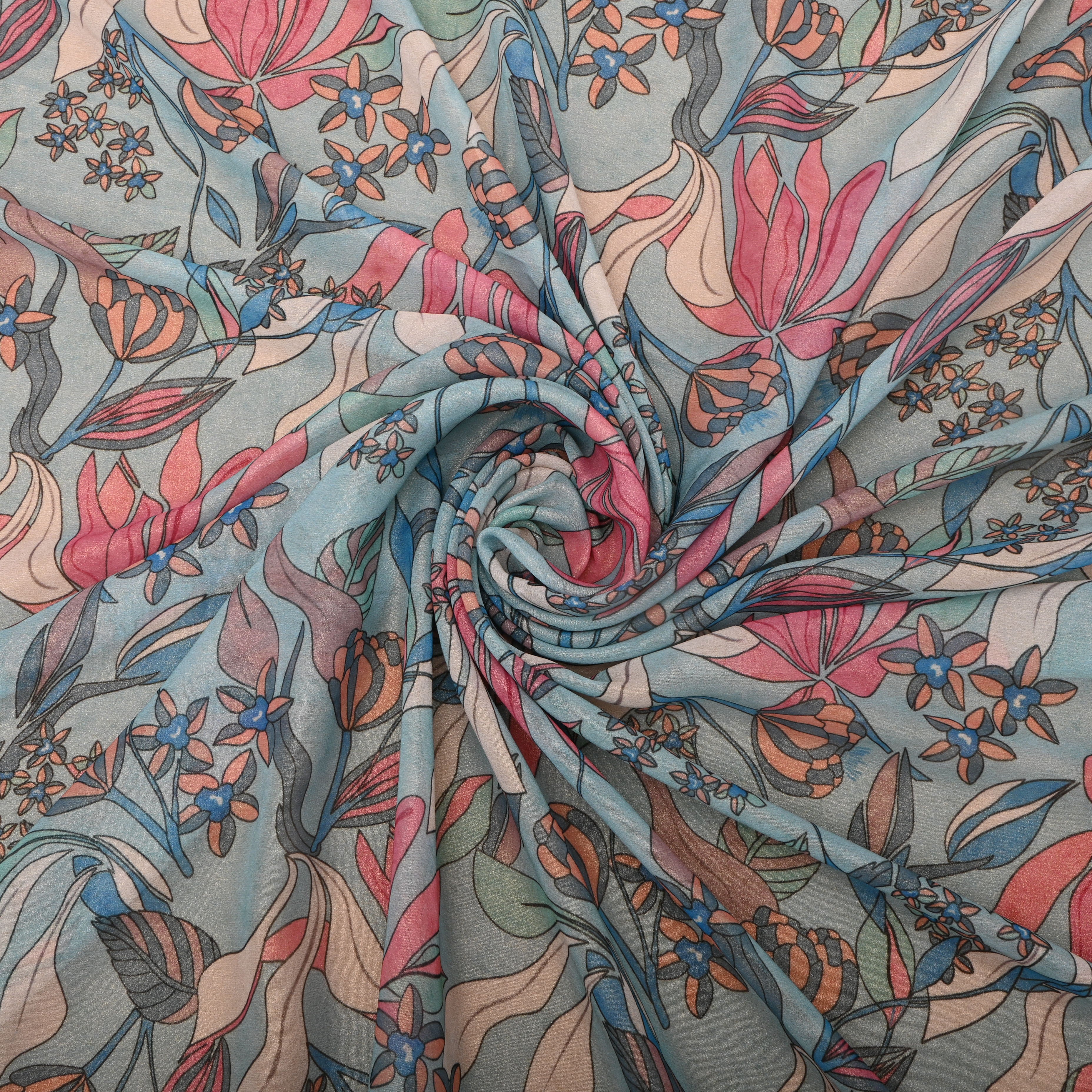 Blue Tissue Fabric With Floral Prints