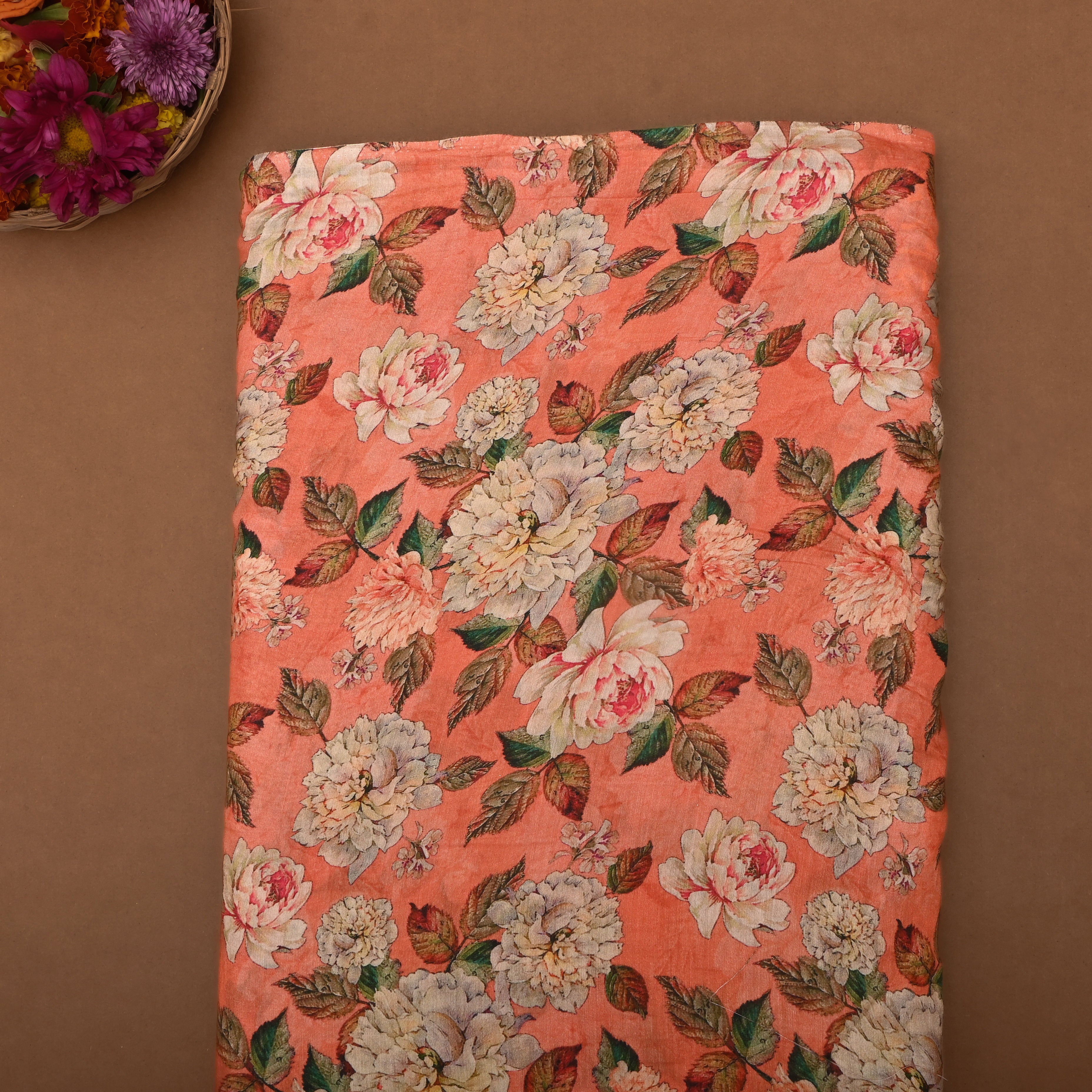 Coral Orange Silk Fabric With Floral Prints
