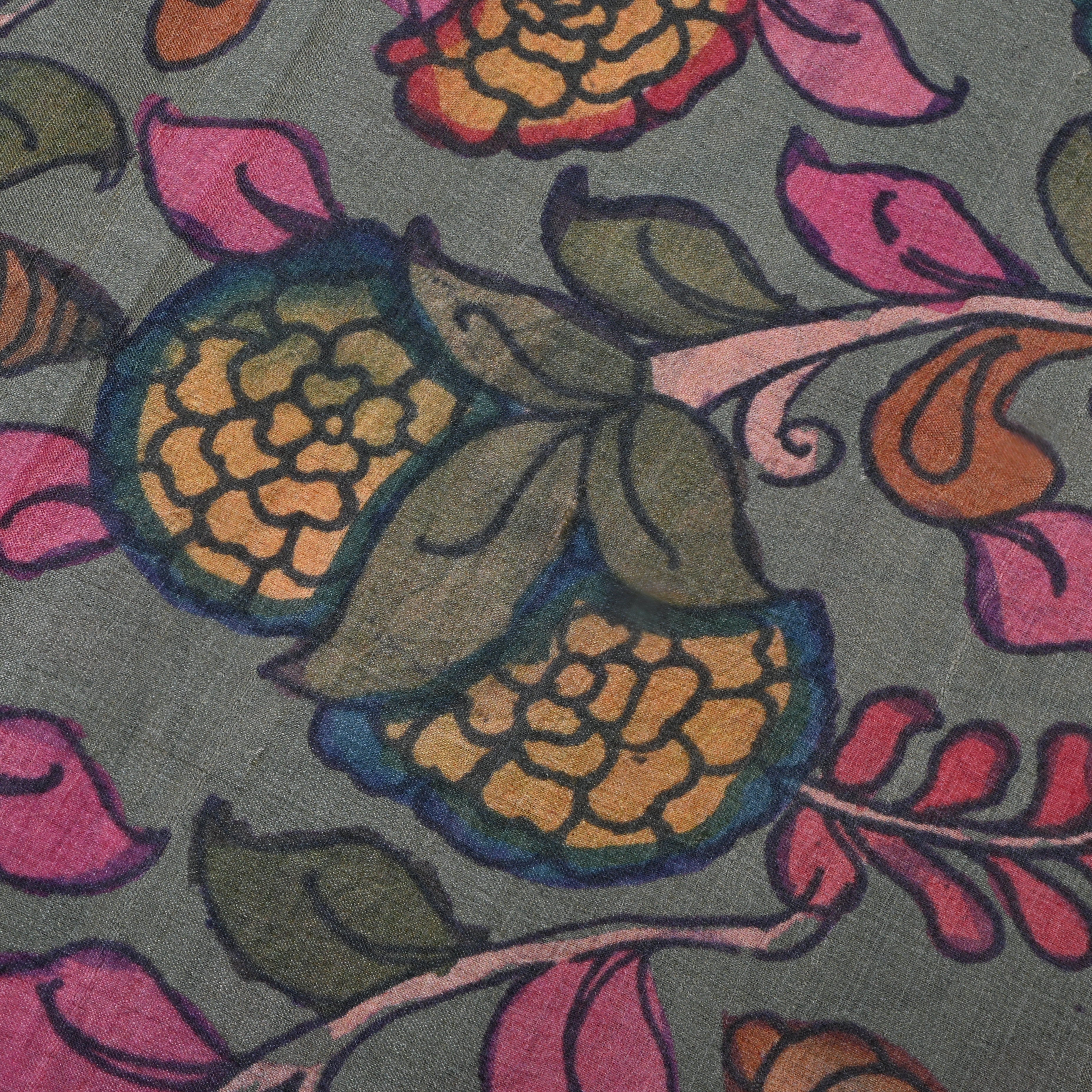 Battleship Gray Tussar Fabric With Digital Print