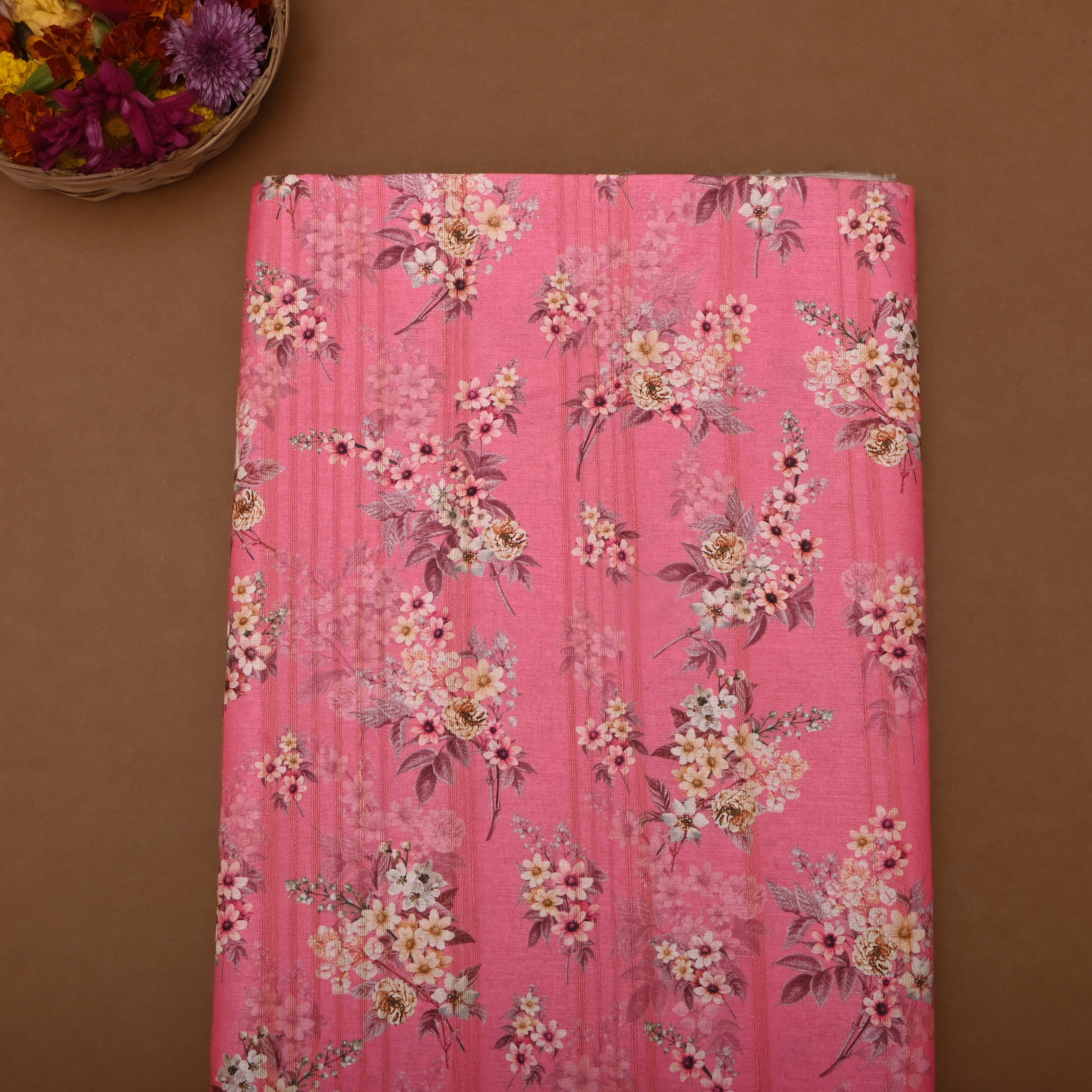Light Pink Tussar Fabric With Floral Prints