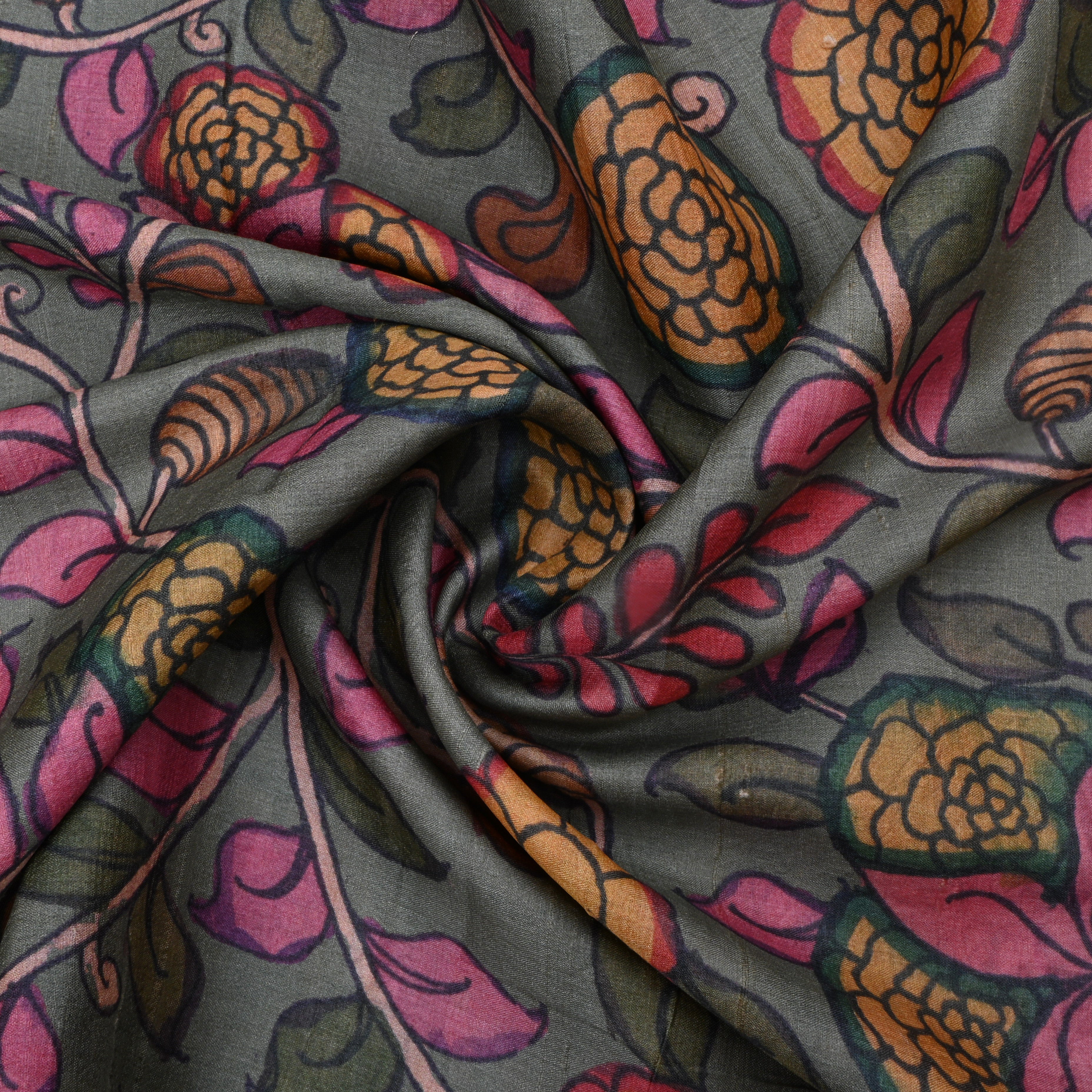 Battleship Gray Tussar Fabric With Digital Print