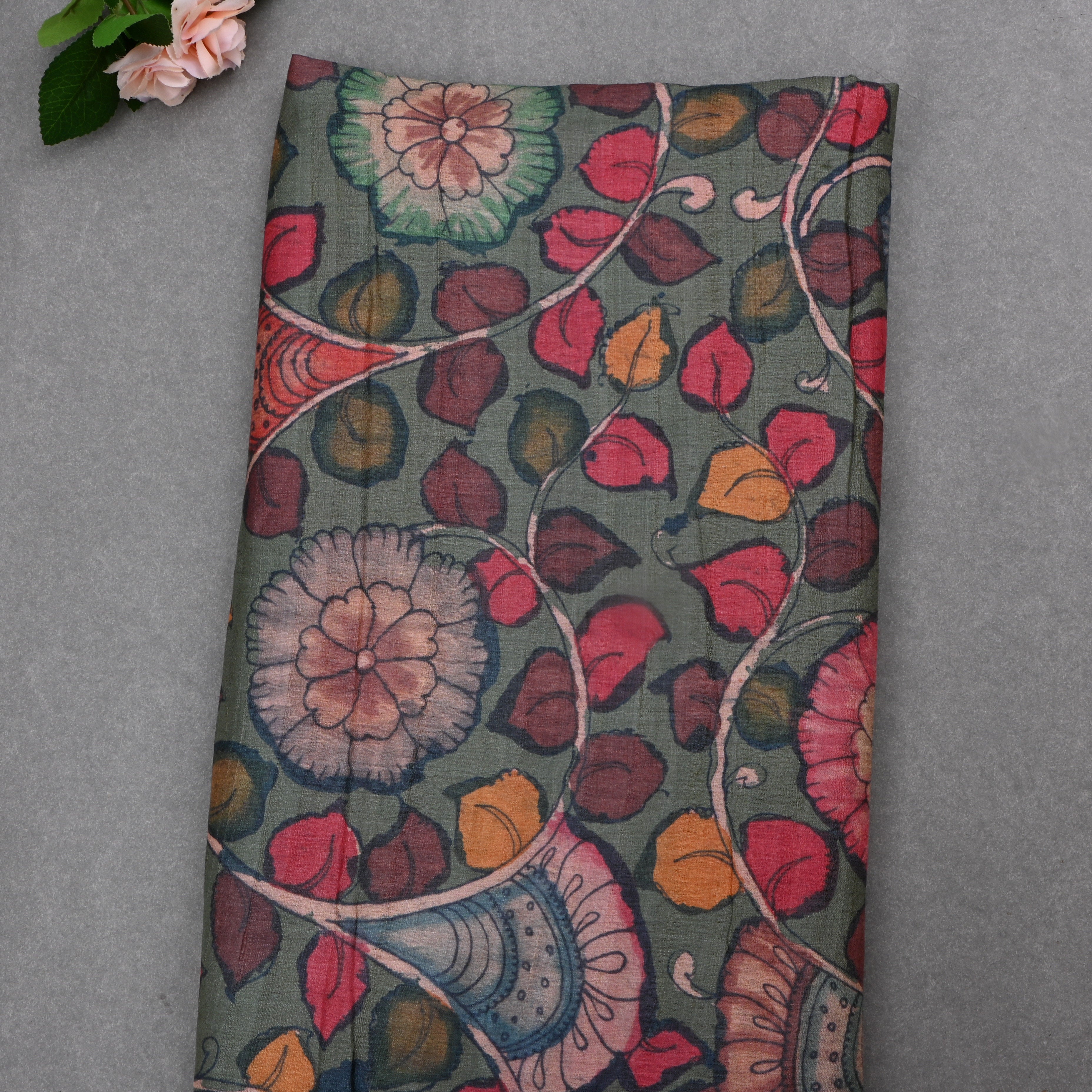 Dove Gray Tussar Fabric With Kalamkari Print