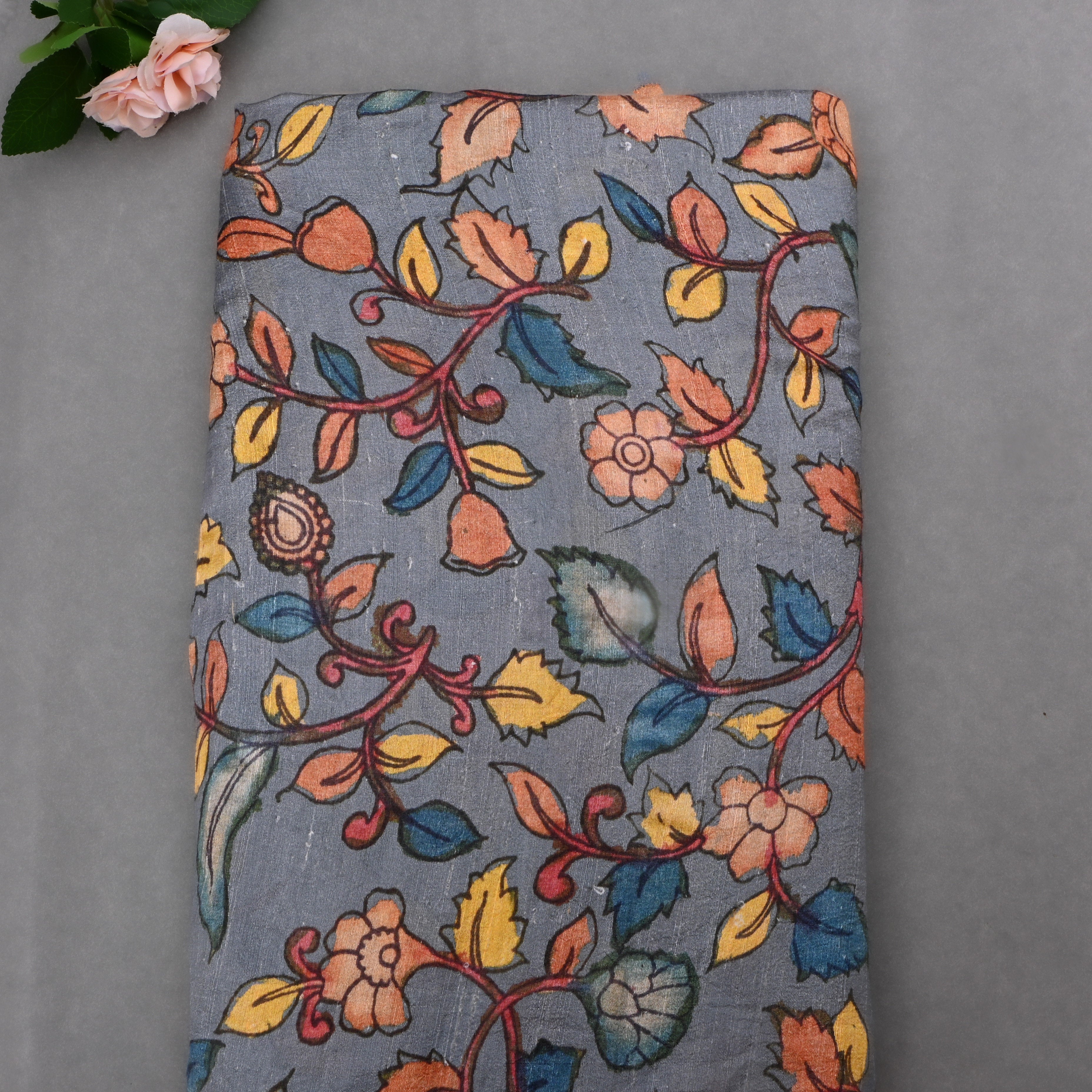 Oslo Gray Dupion Fabric With Kalamkari Print