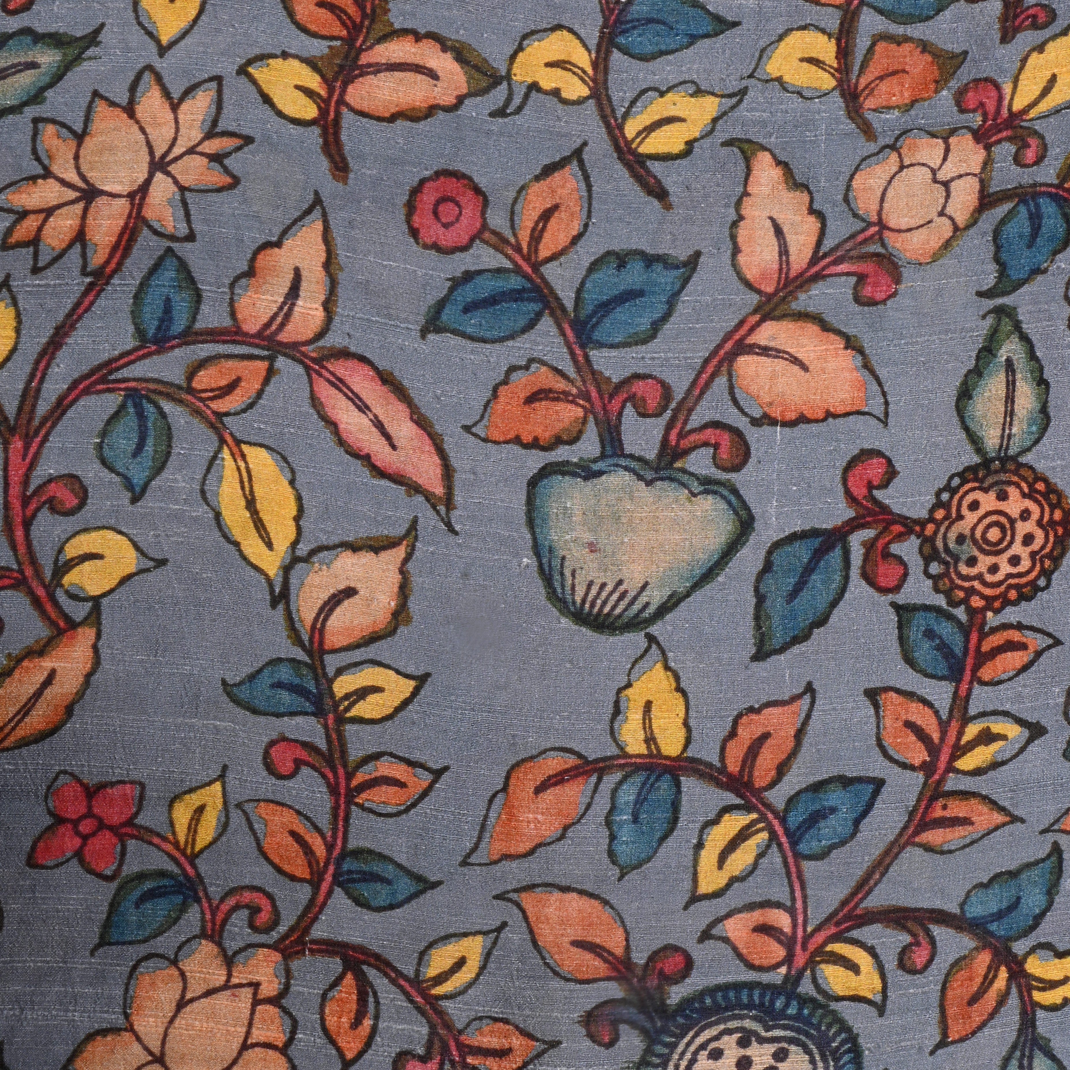 Oslo Gray Dupion Fabric With Kalamkari Print