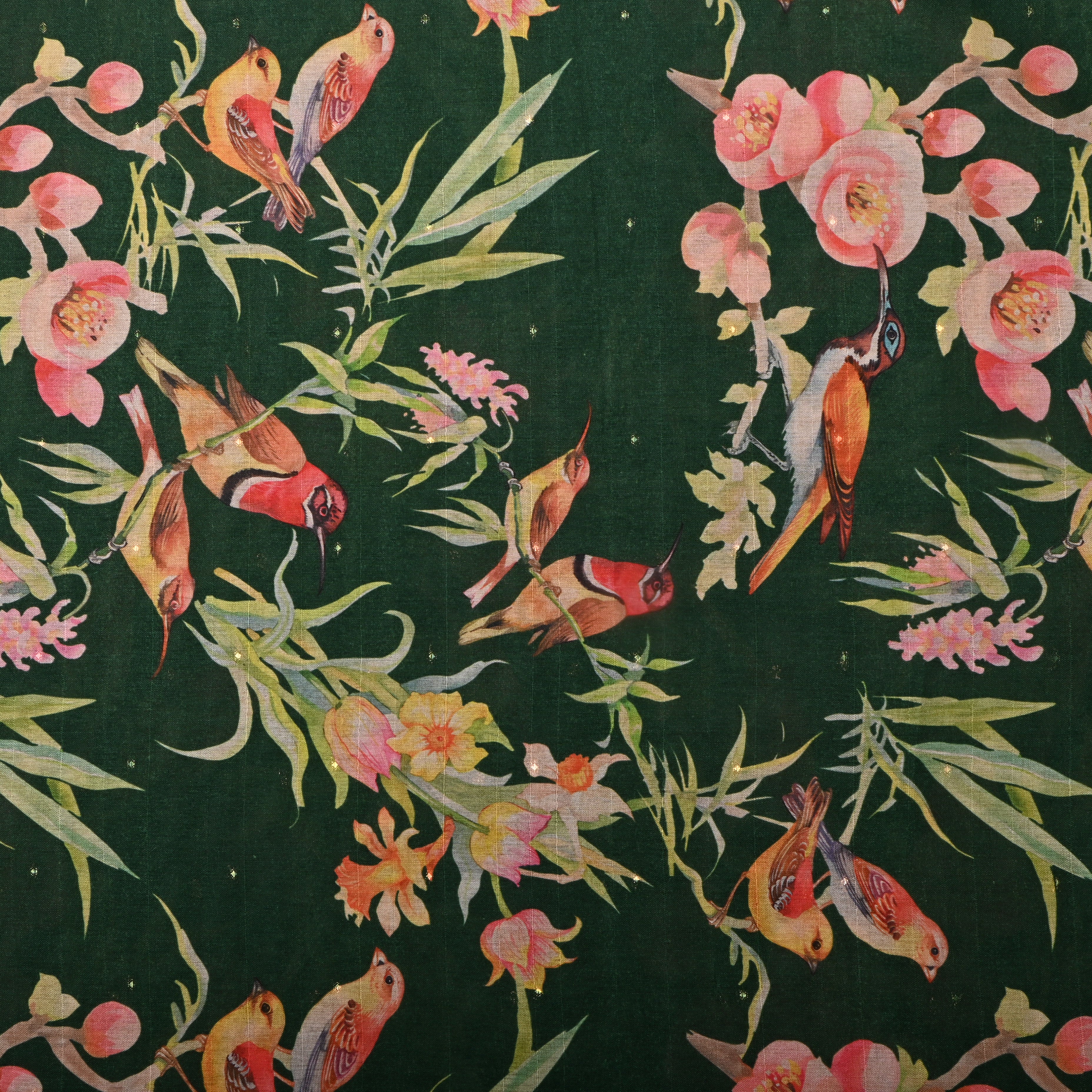 Bottle Green Tussar Fabric With Avian Prints