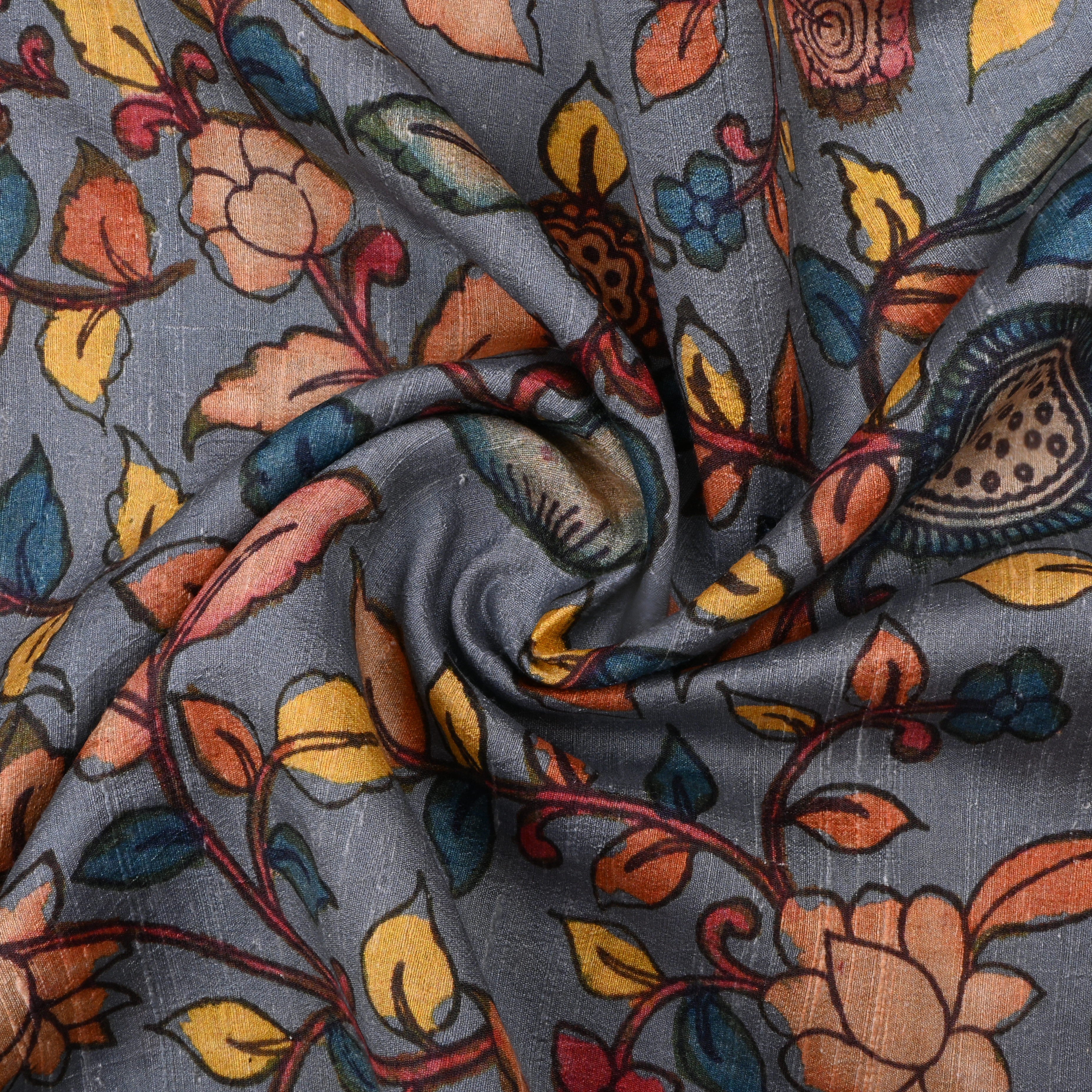 Oslo Gray Dupion Fabric With Kalamkari Print