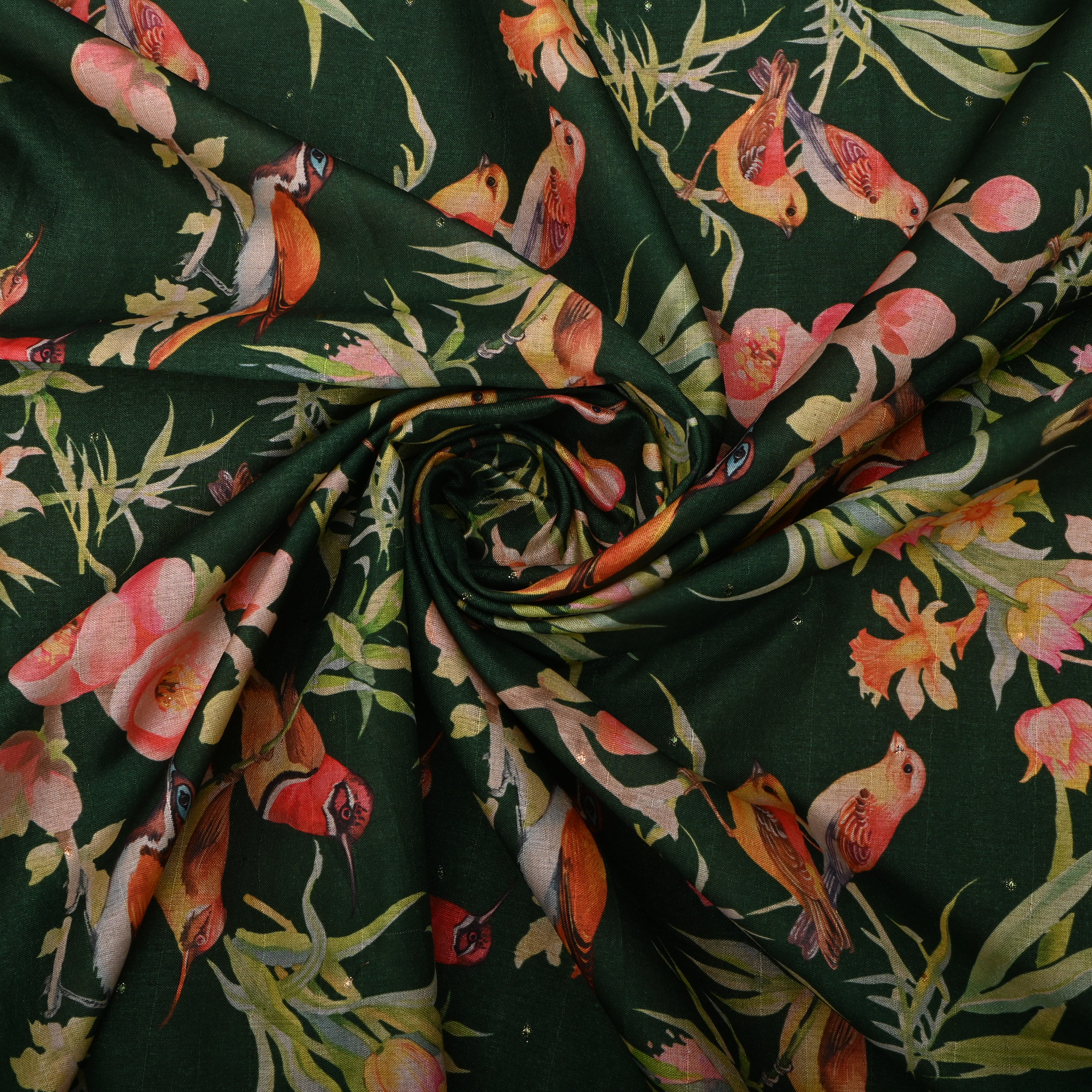 Bottle Green Tussar Fabric With Avian Prints