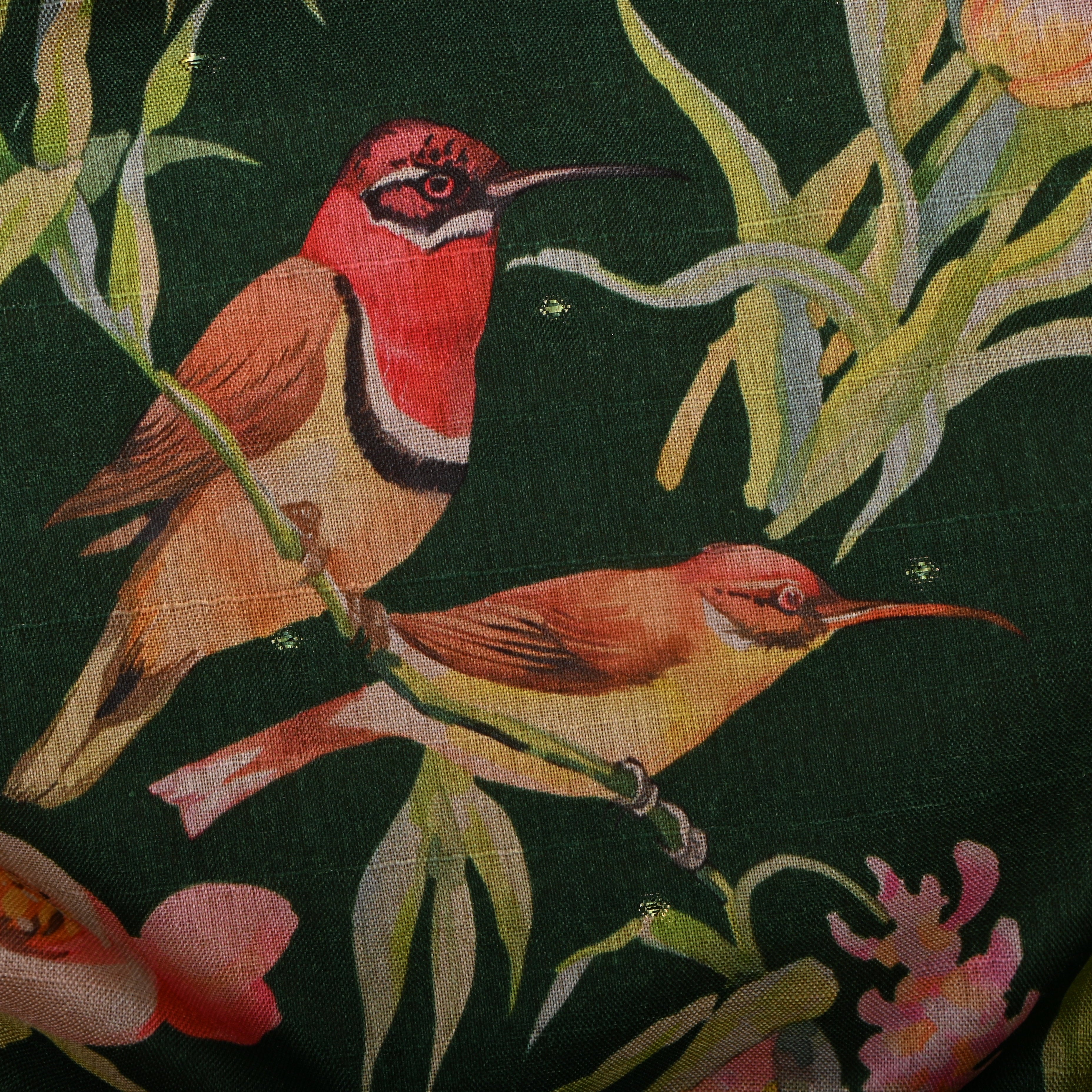 Bottle Green Tussar Fabric With Avian Prints