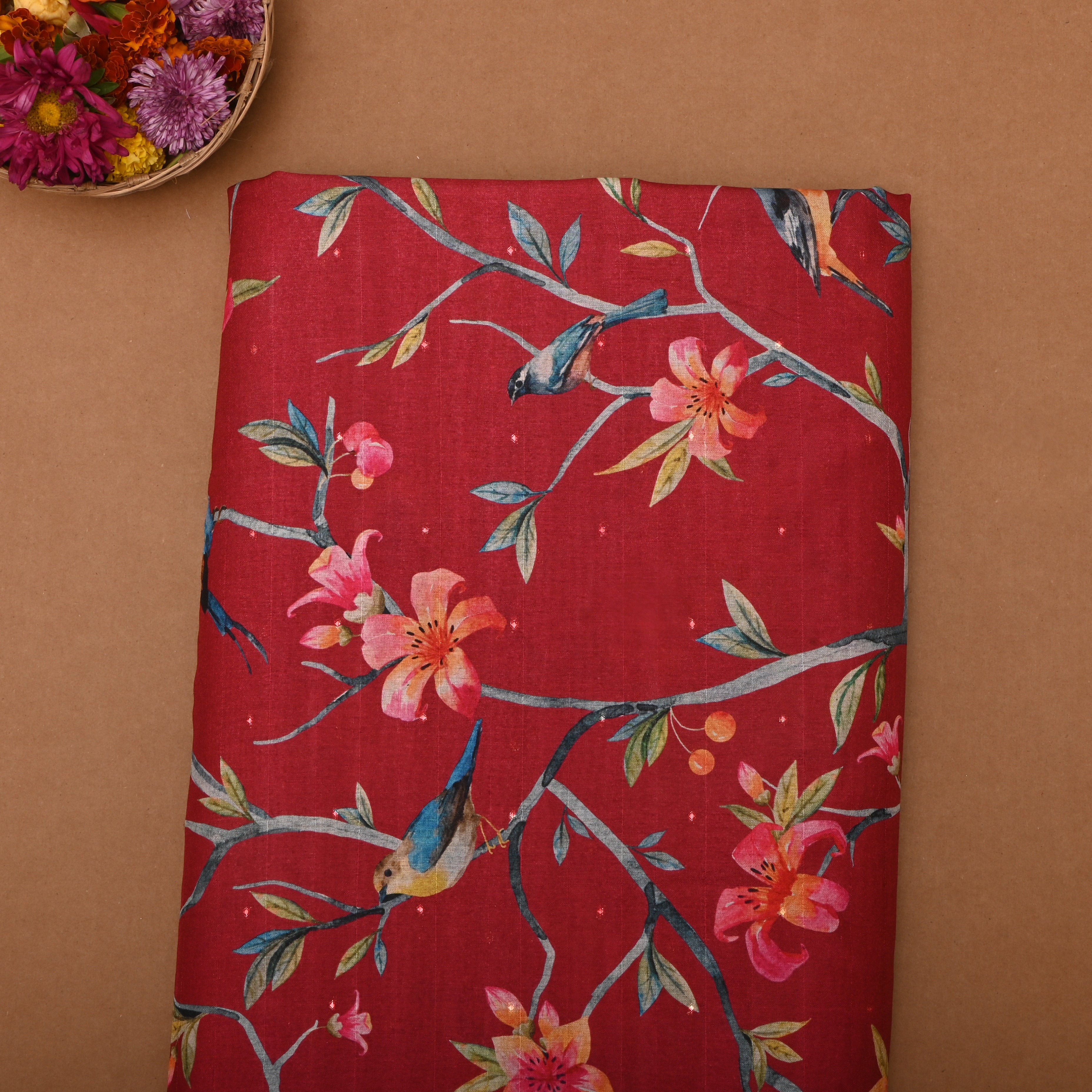 Red Tussar Fabric With Digital Prints