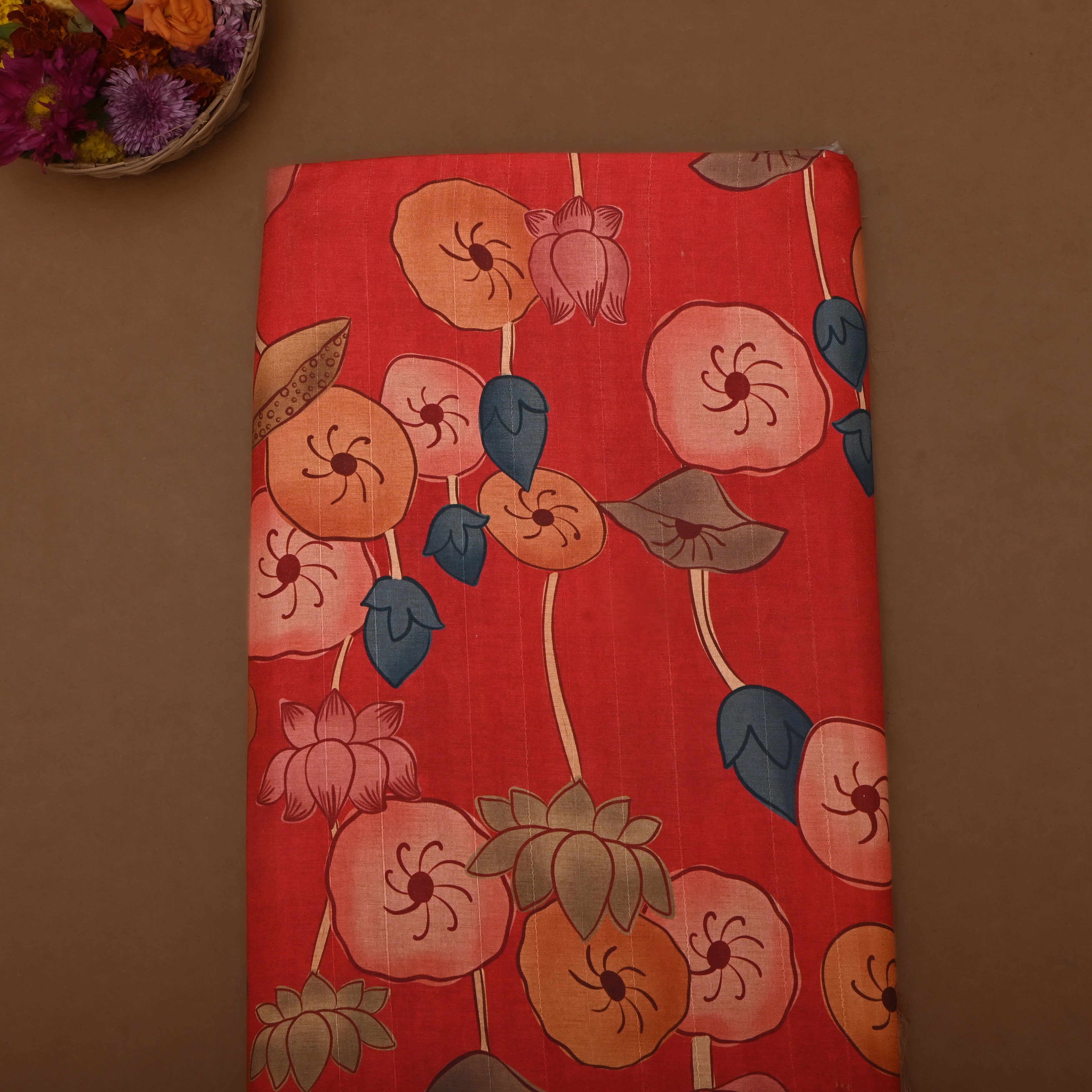 Dark Peach Floral Printed Tussar Fabric