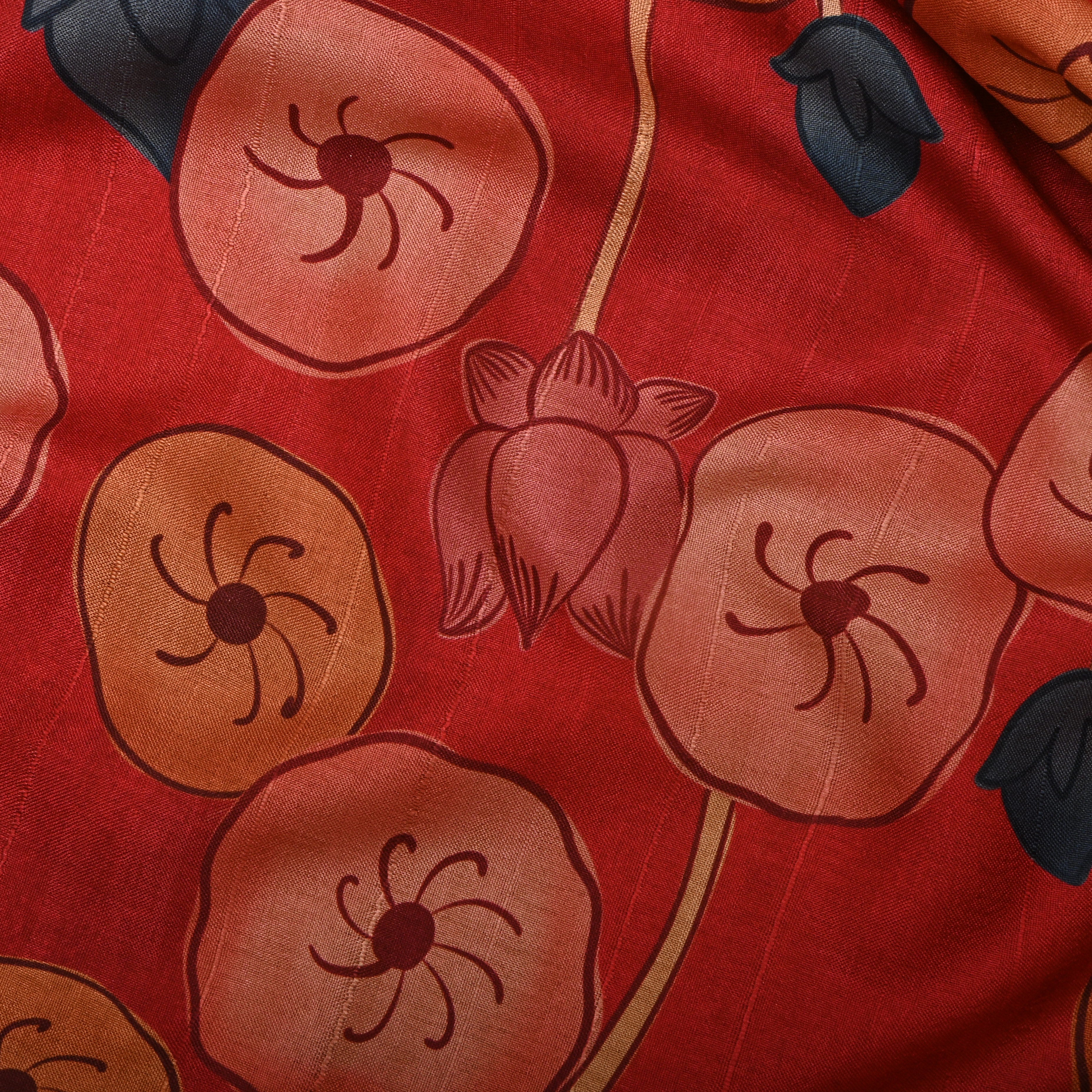 Dark Peach Floral Printed Tussar Fabric