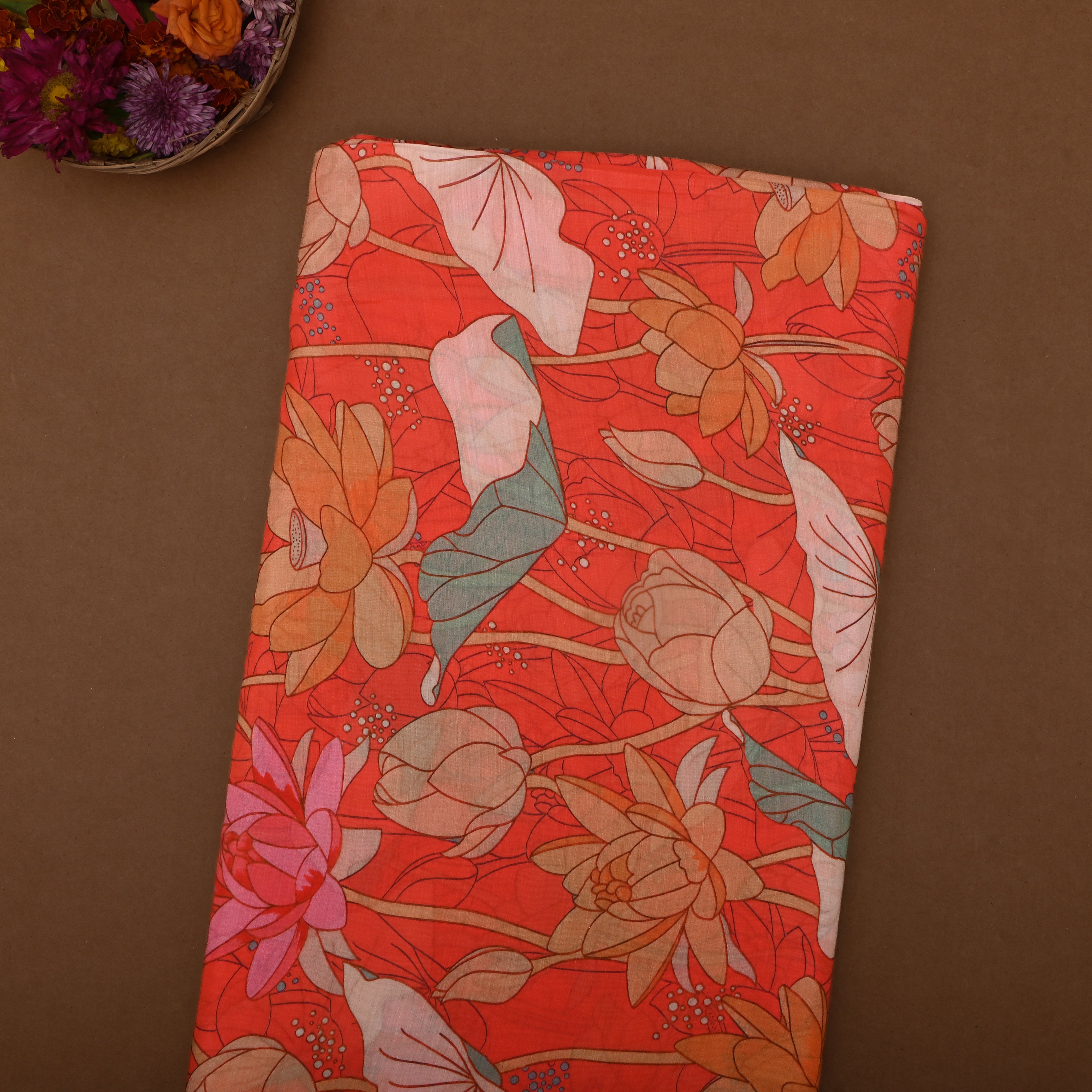 Hot Orange Silk Fabric With Floral Prints