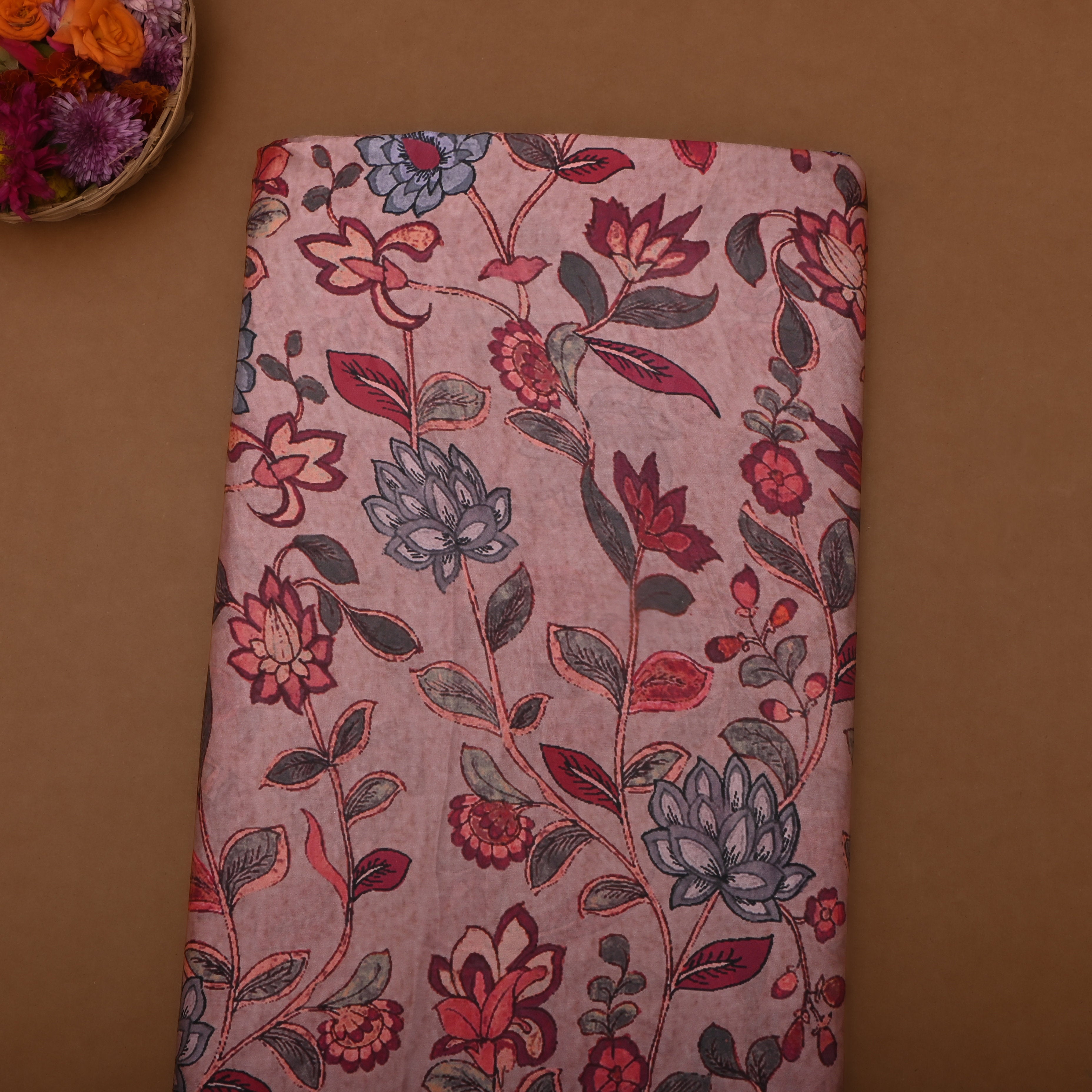 Soft Pink Silk Fabric With Floral Prints