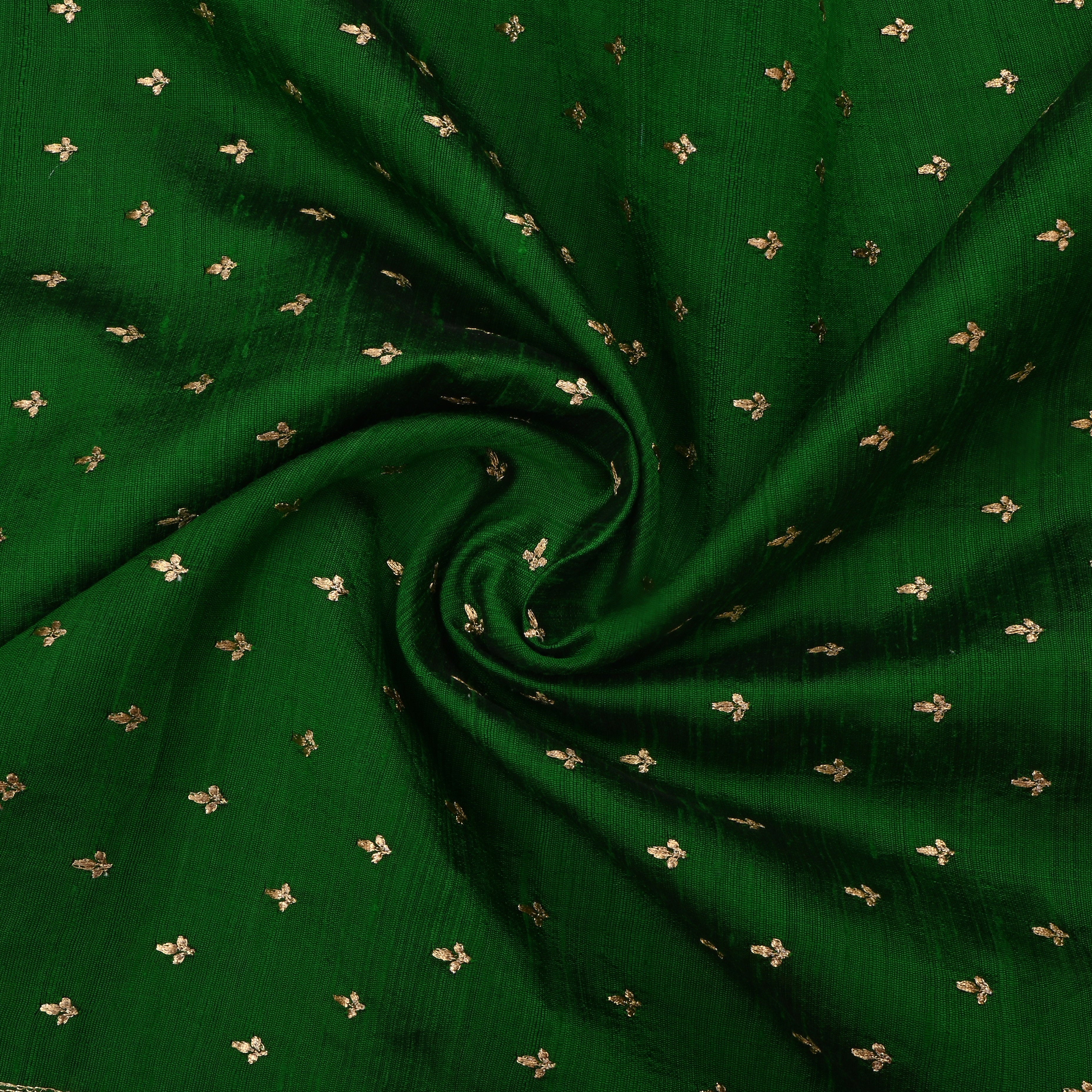 Dark Forest Green Dupion Raw Silk Fabric With Floral Butti'S