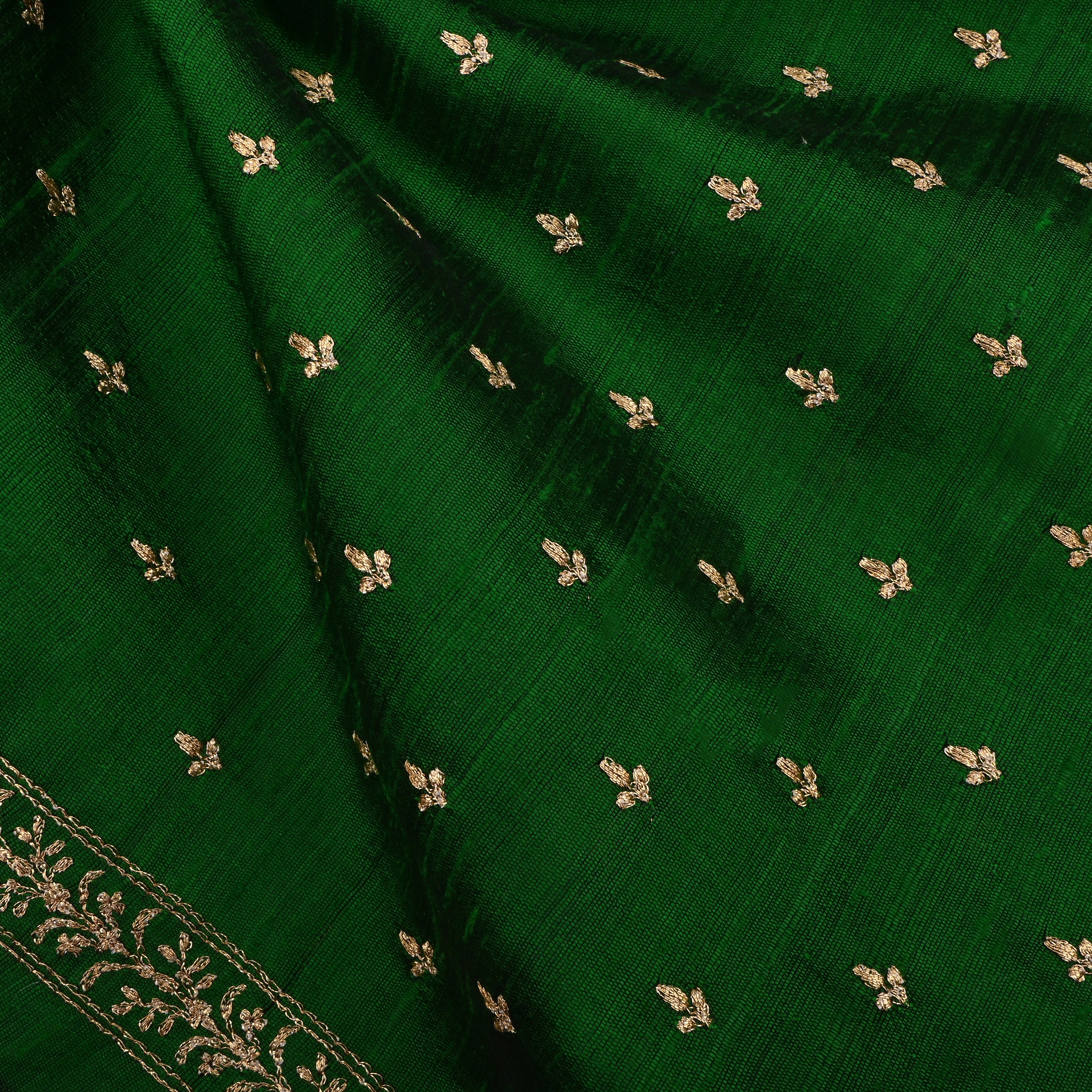 Dark Forest Green Dupion Raw Silk Fabric With Floral Butti'S