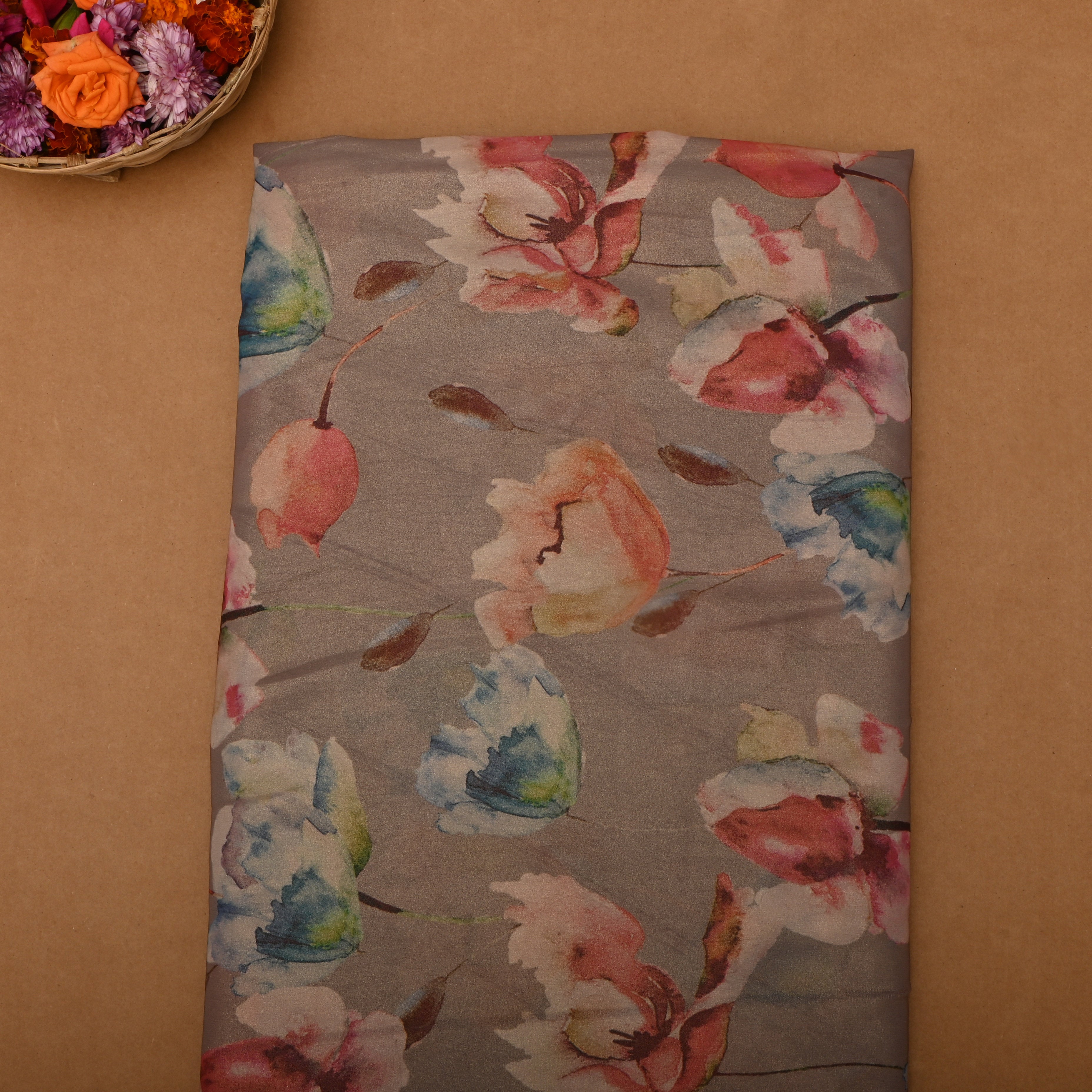 Hardwood Brown Tissue Fabric With Floral Prints