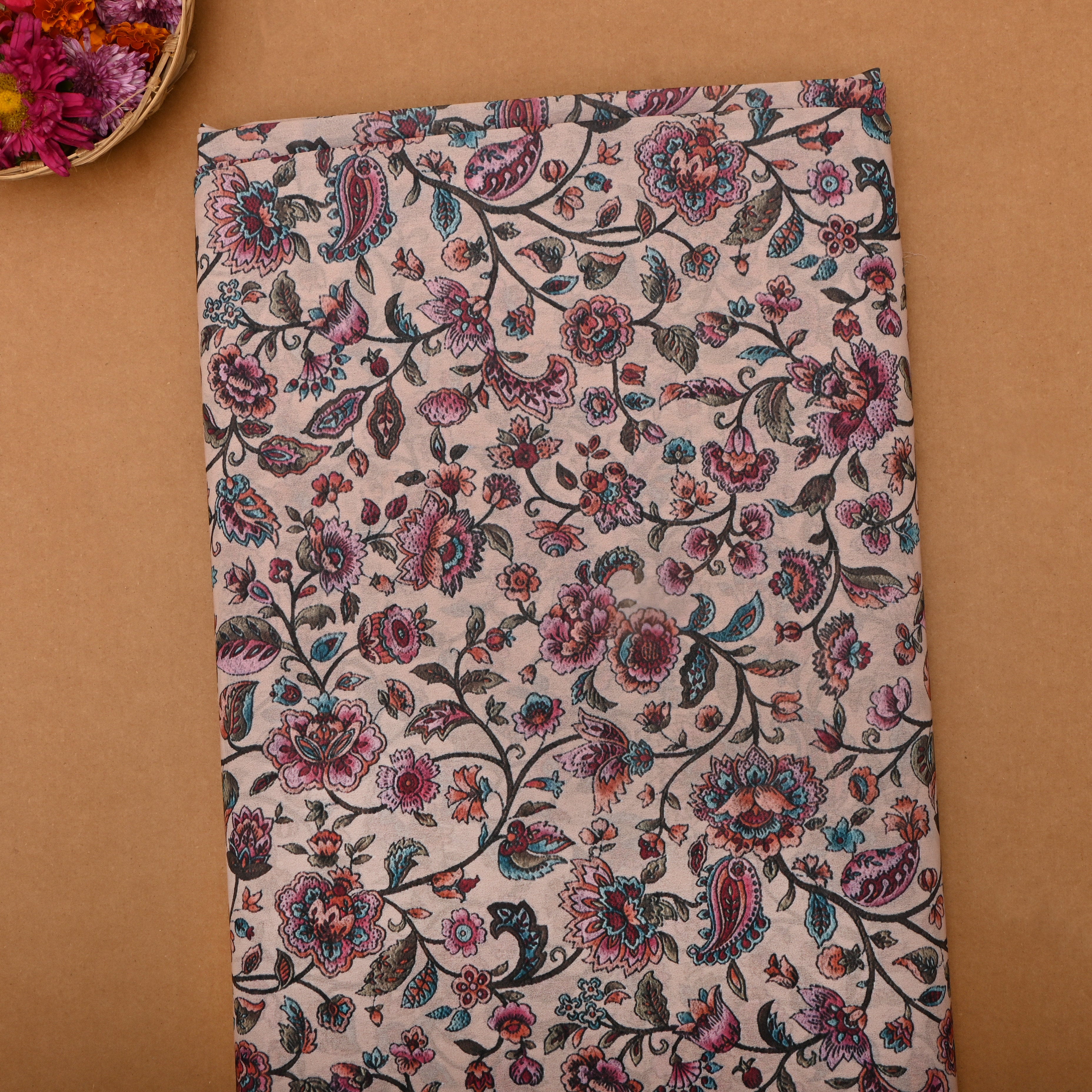 Calm Shell Beige Silk Fabric With Floral Prints