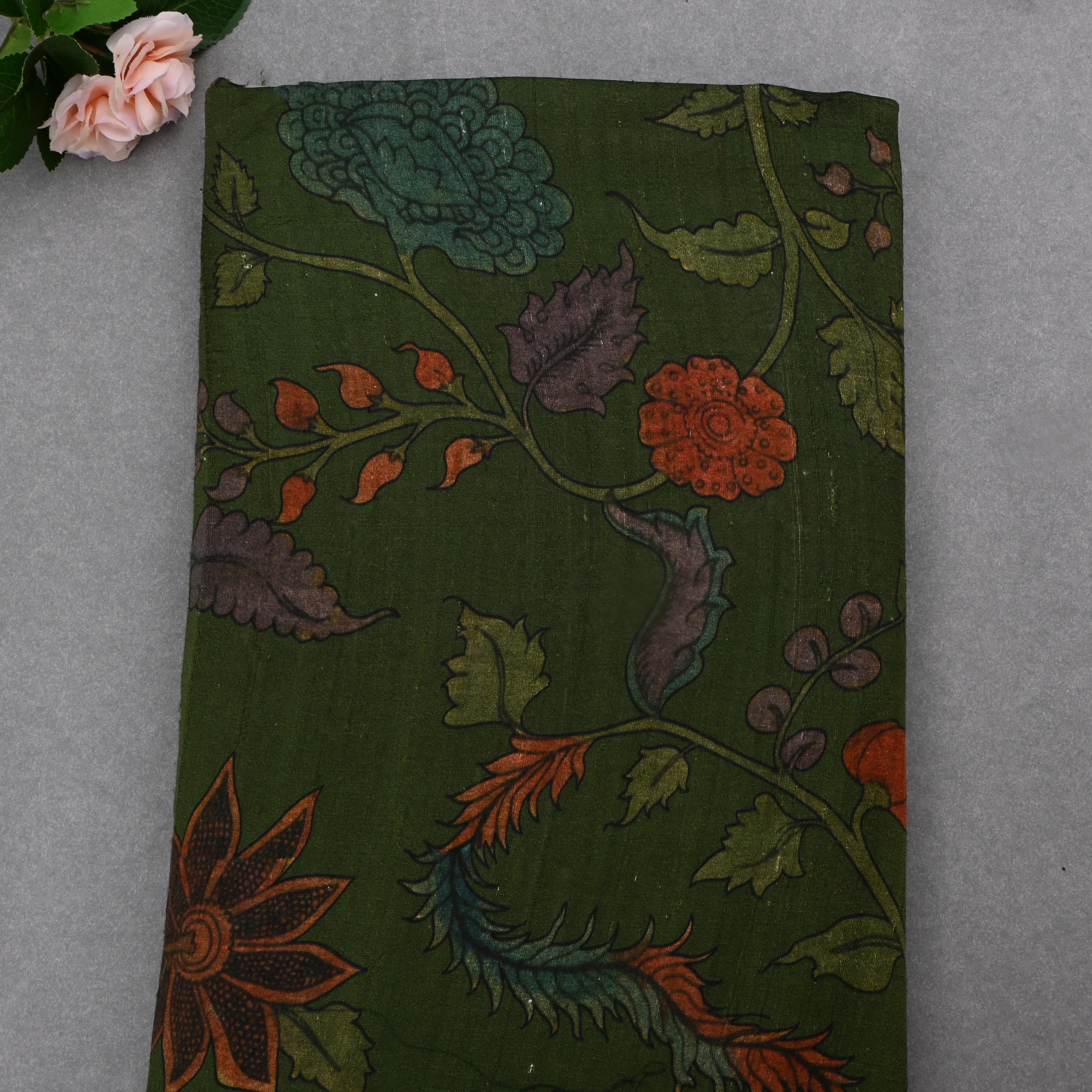 Black Olive Green Dupion Fabric With Digital Print