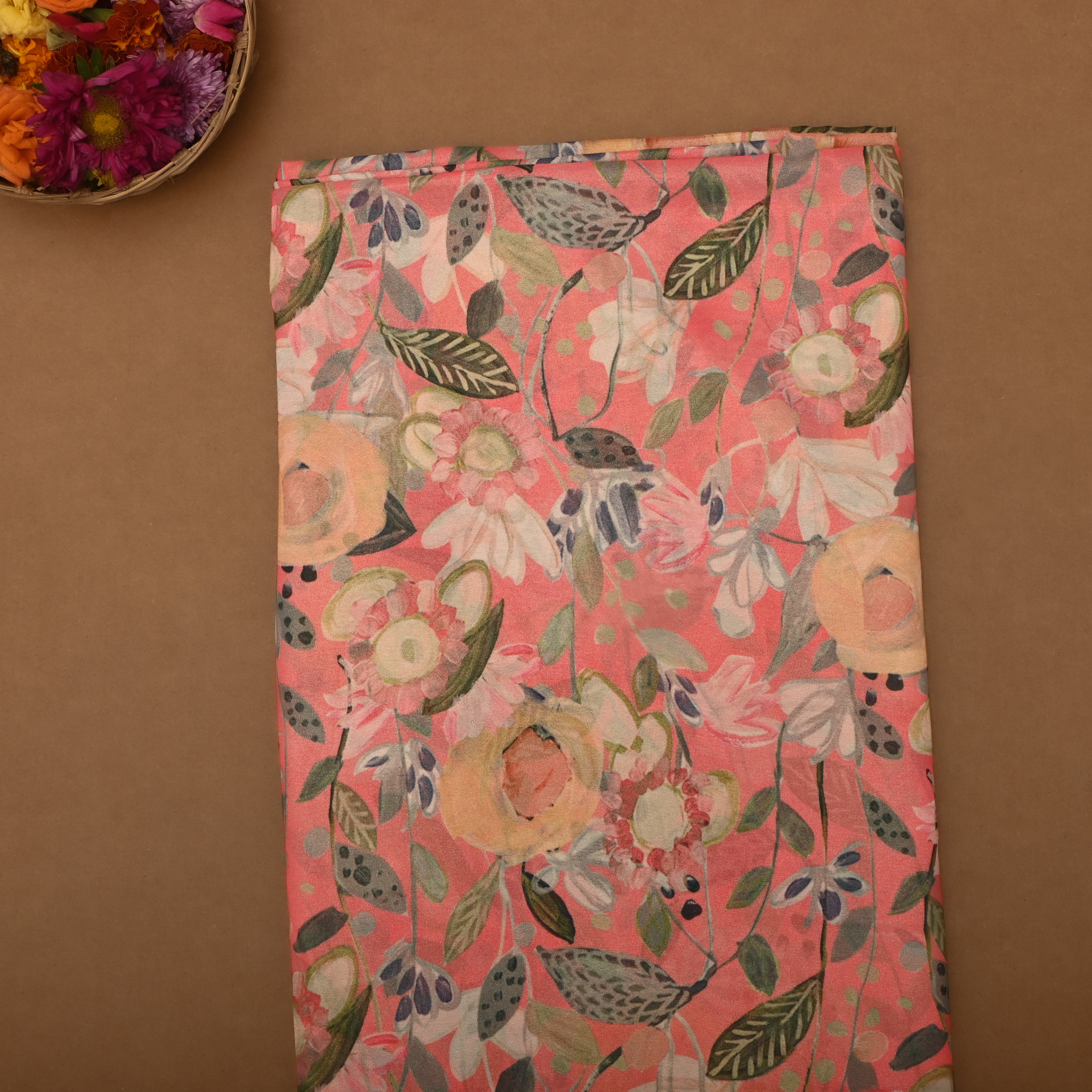 Pink Tissue Fabric With Floral Prints