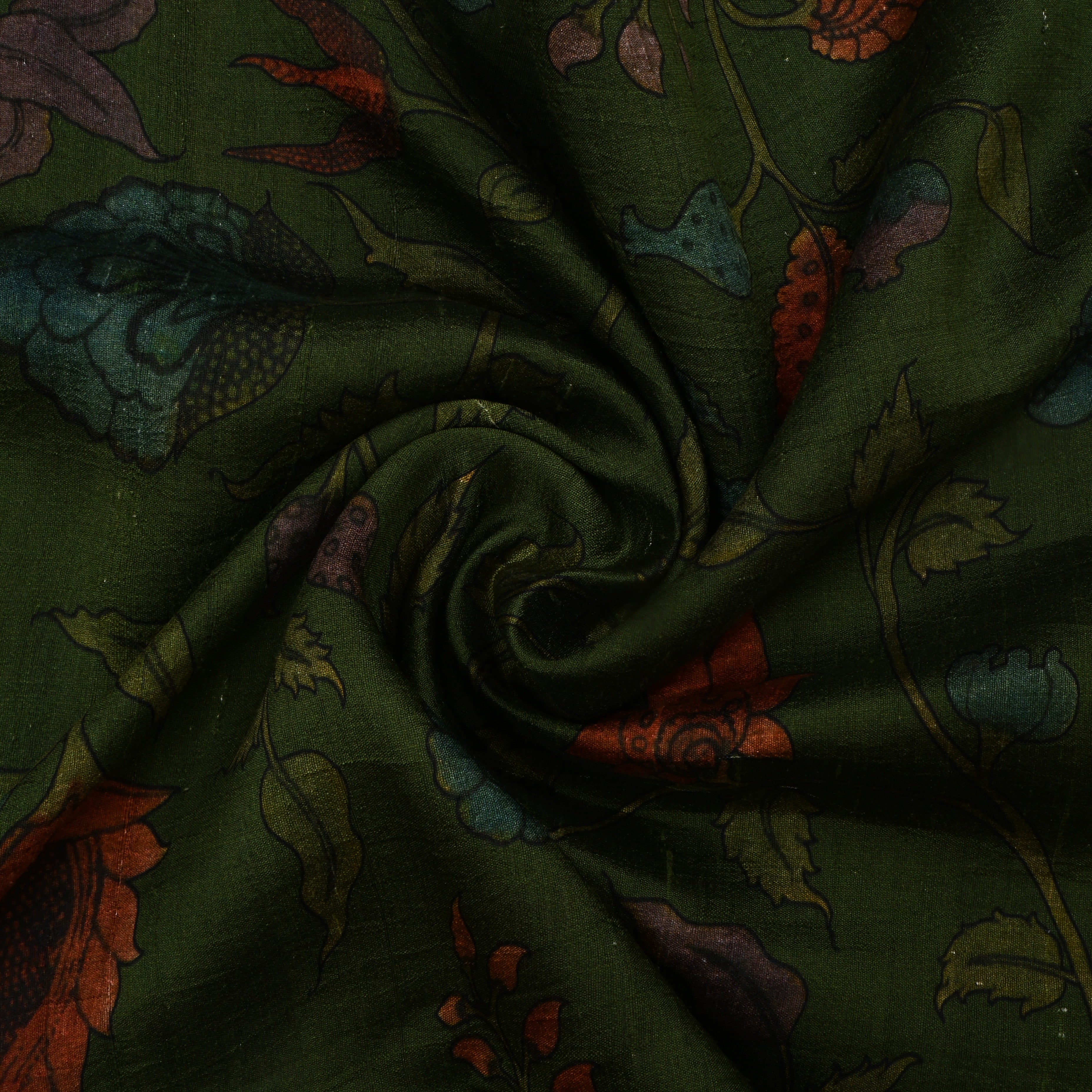 Black Olive Green Dupion Fabric With Digital Print