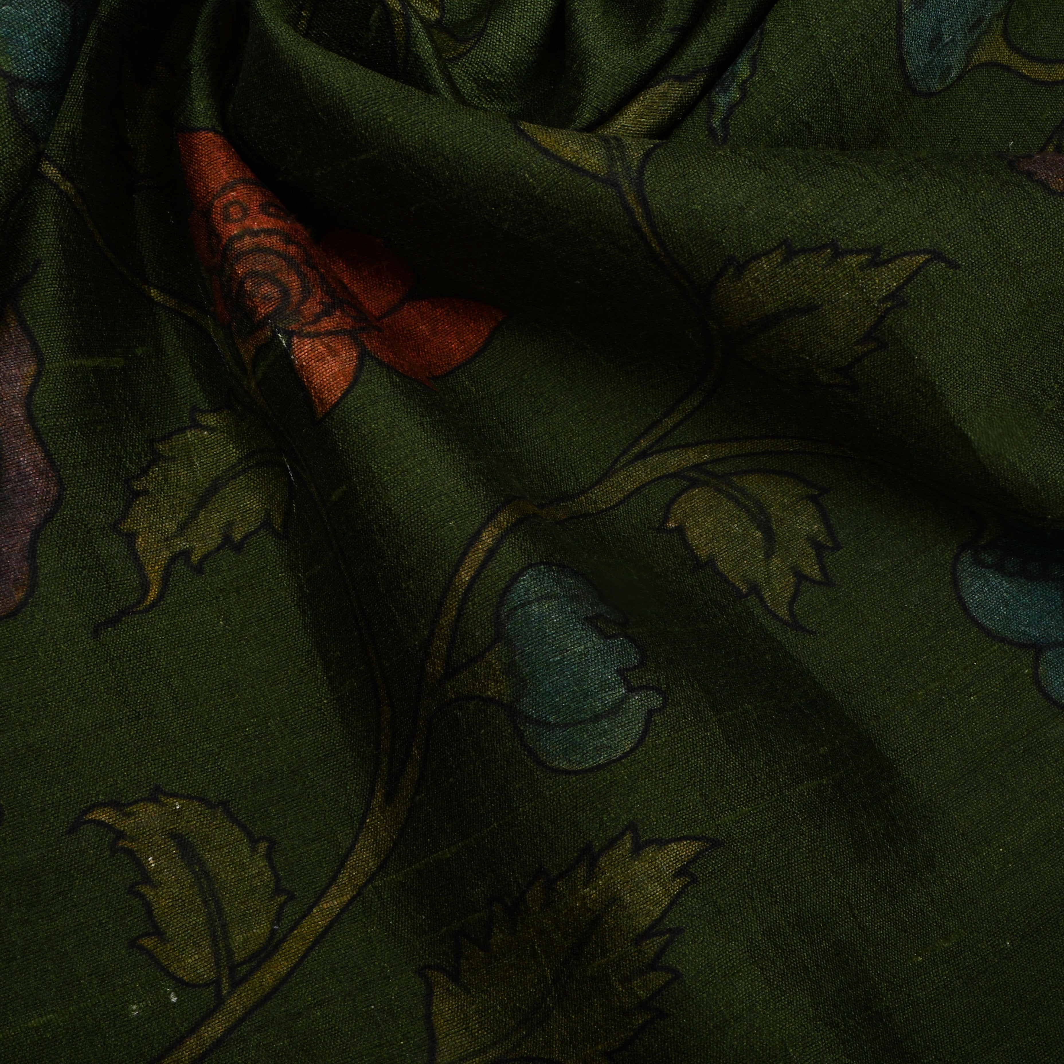 Black Olive Green Dupion Fabric With Digital Print