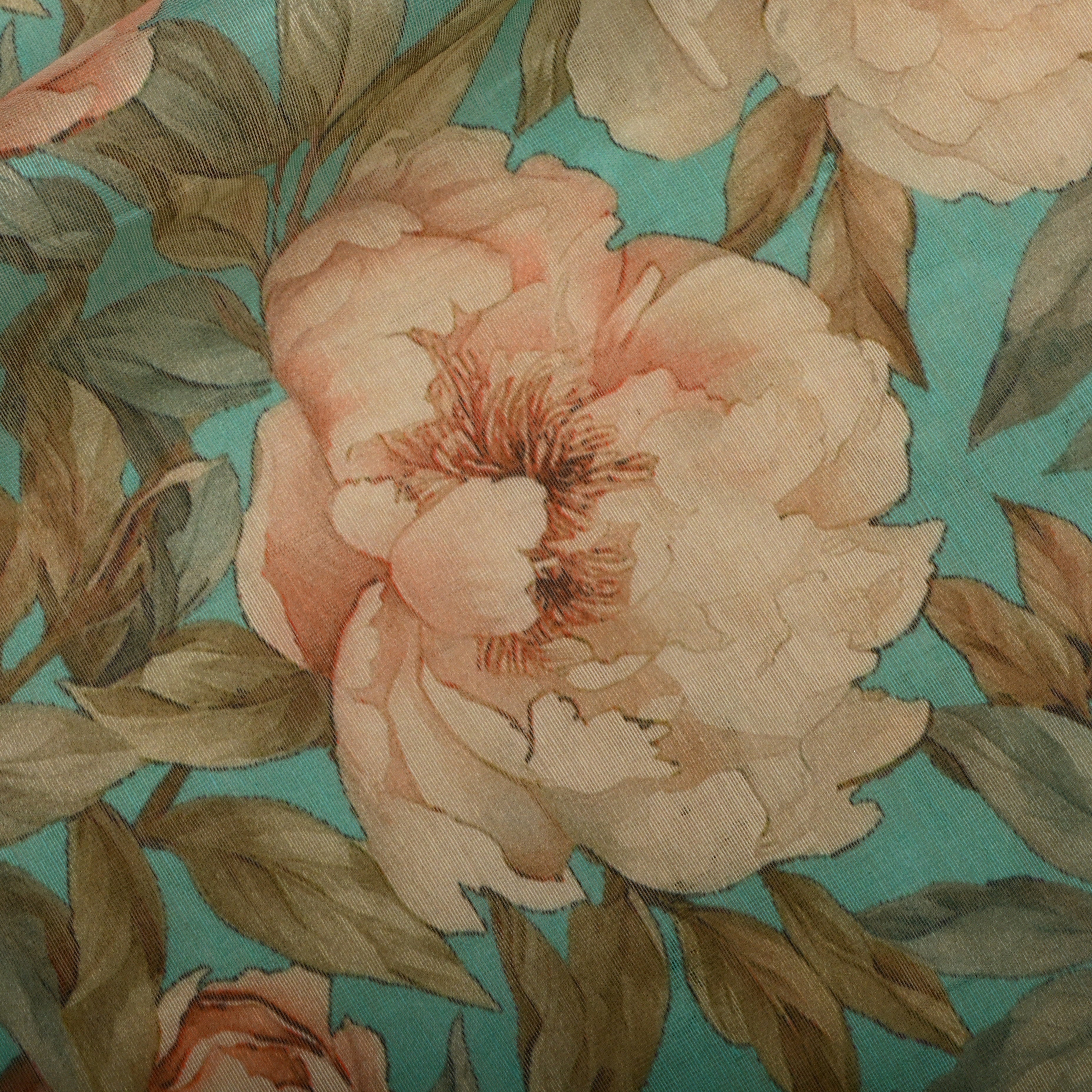 Electric Blue Chanderi Fabric With Floral Prints