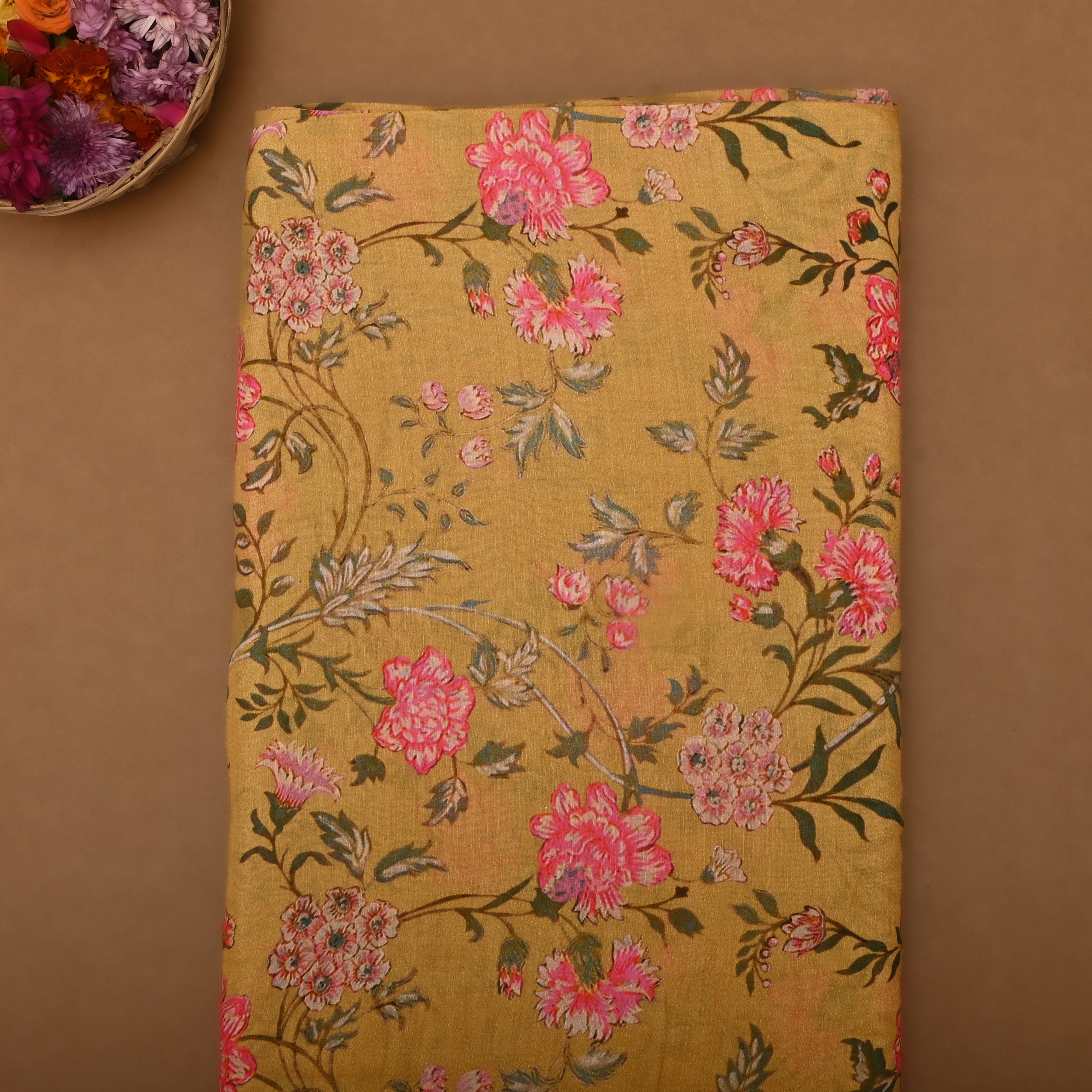 Amber Orange Silk Fabric With Floral Prints