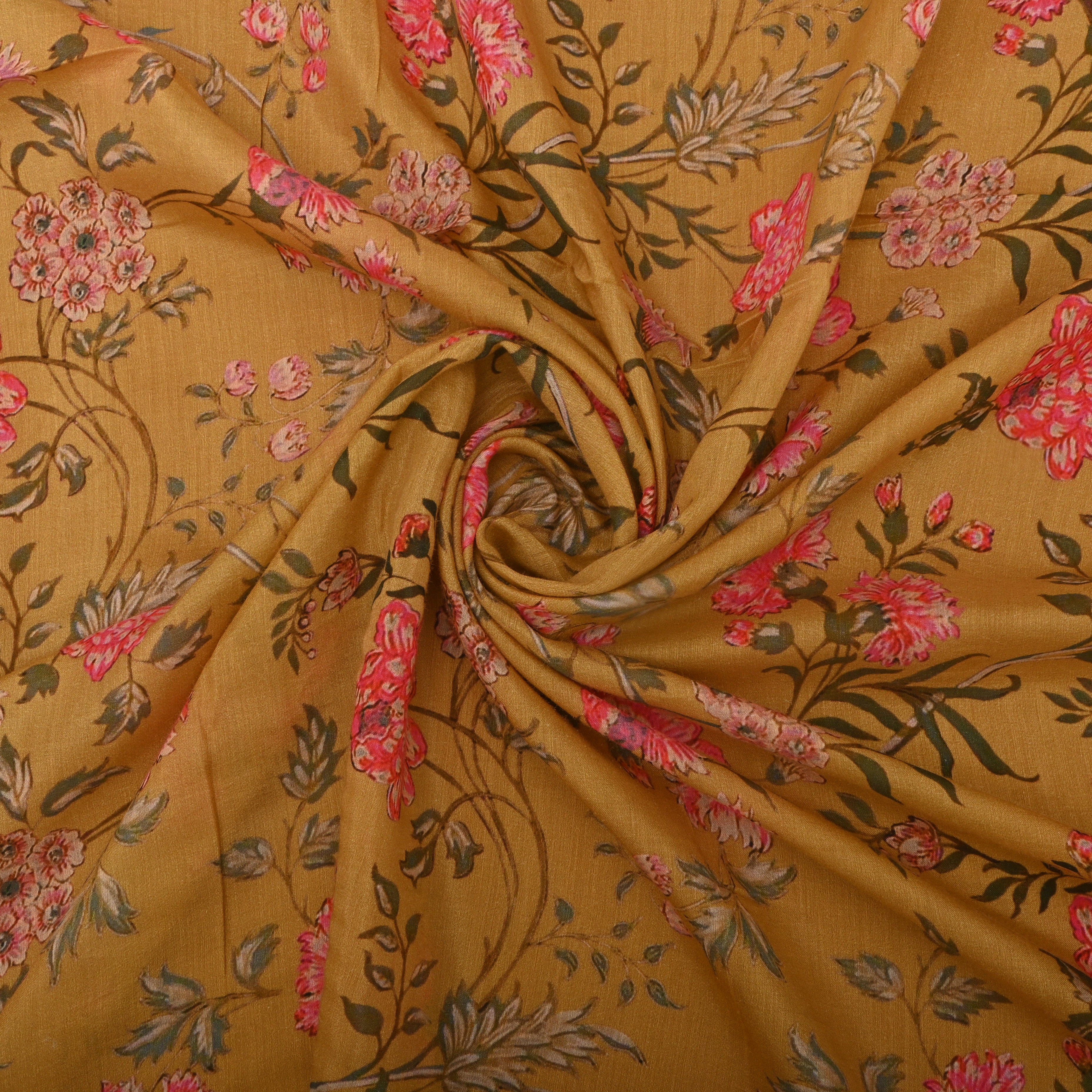 Amber Orange Silk Fabric With Floral Prints