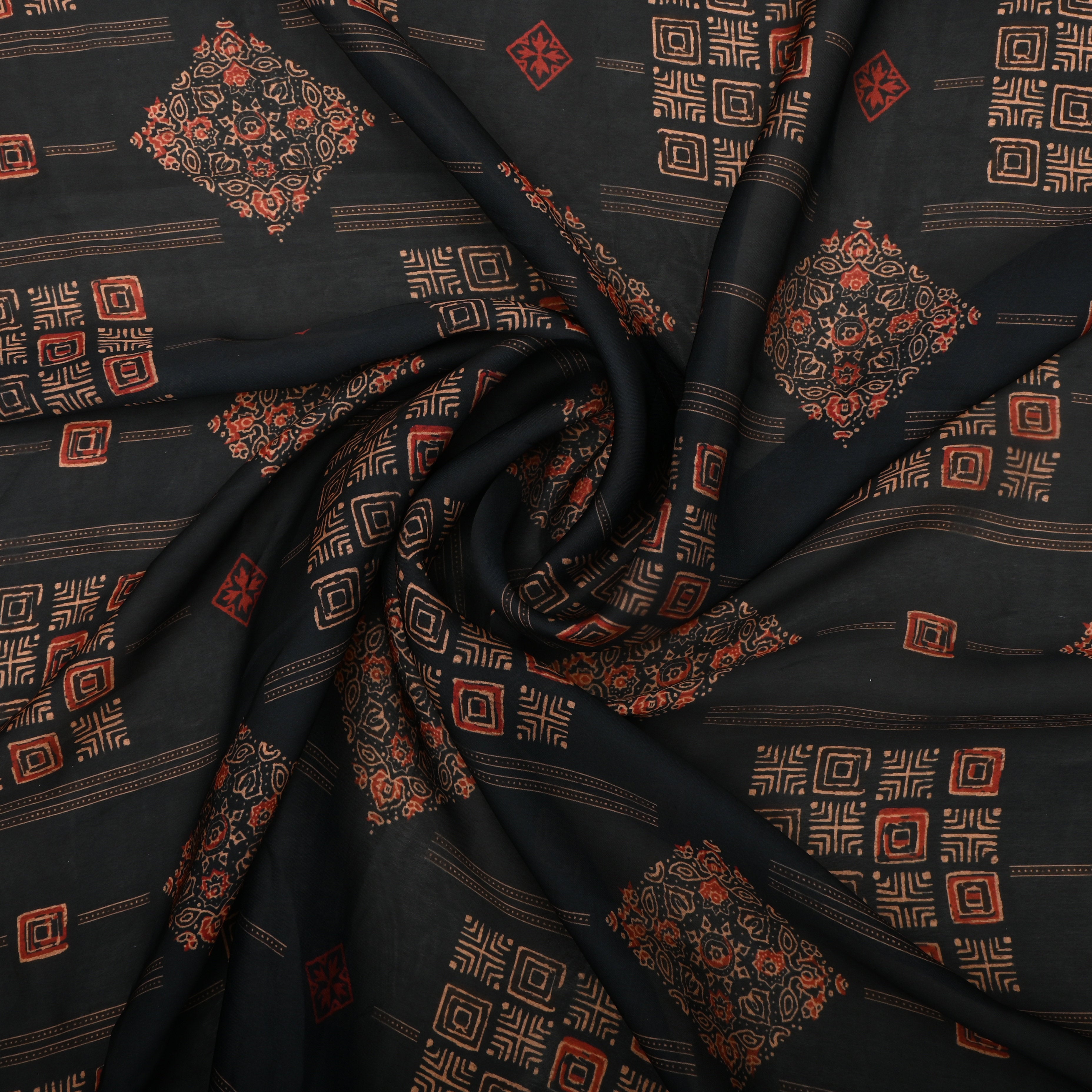 Black Silk Fabric With Geometric Design