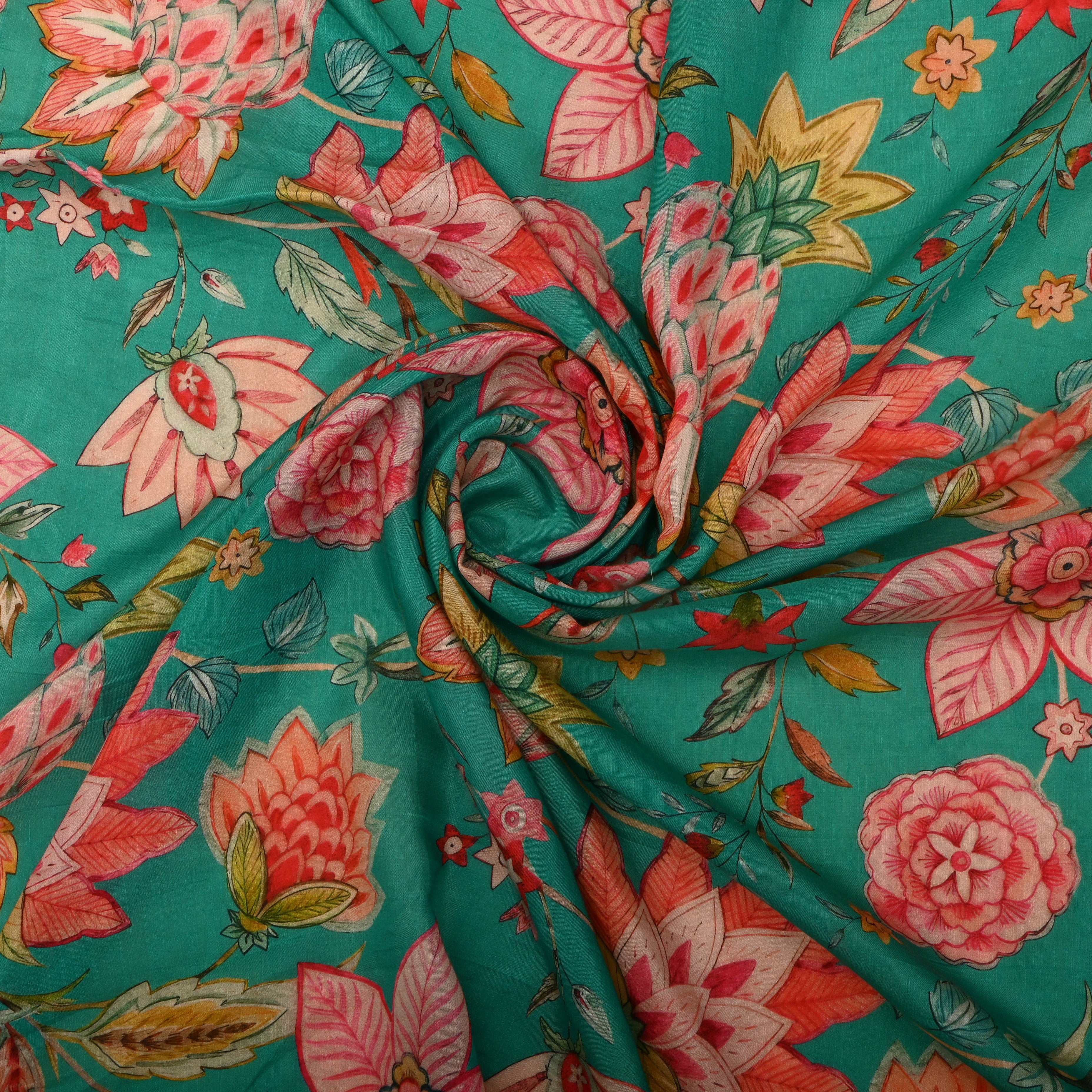 Persian Green Silk Fabric With Floral Prints
