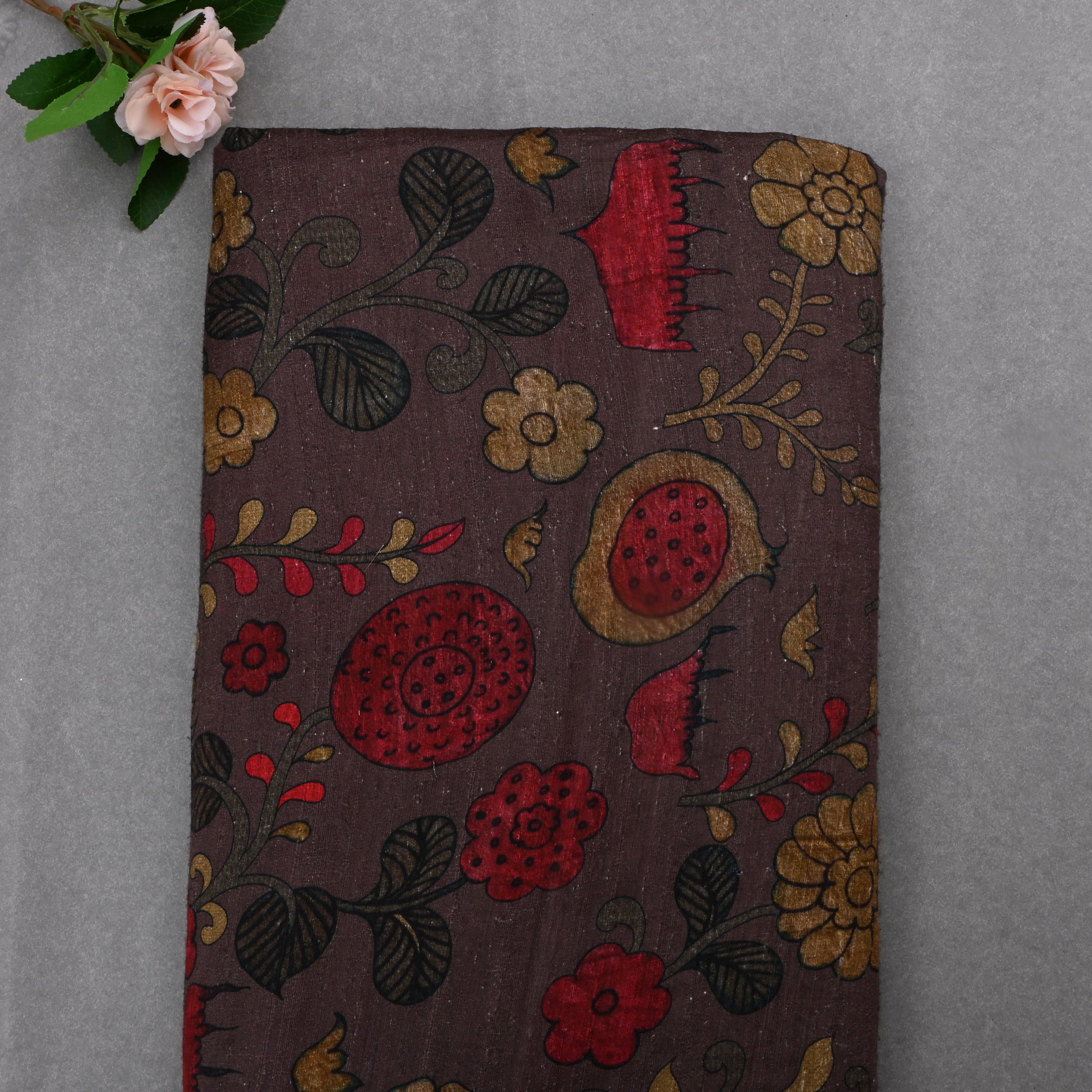 Dark Chocolate Brown Dupion Fabric With Digital Print
