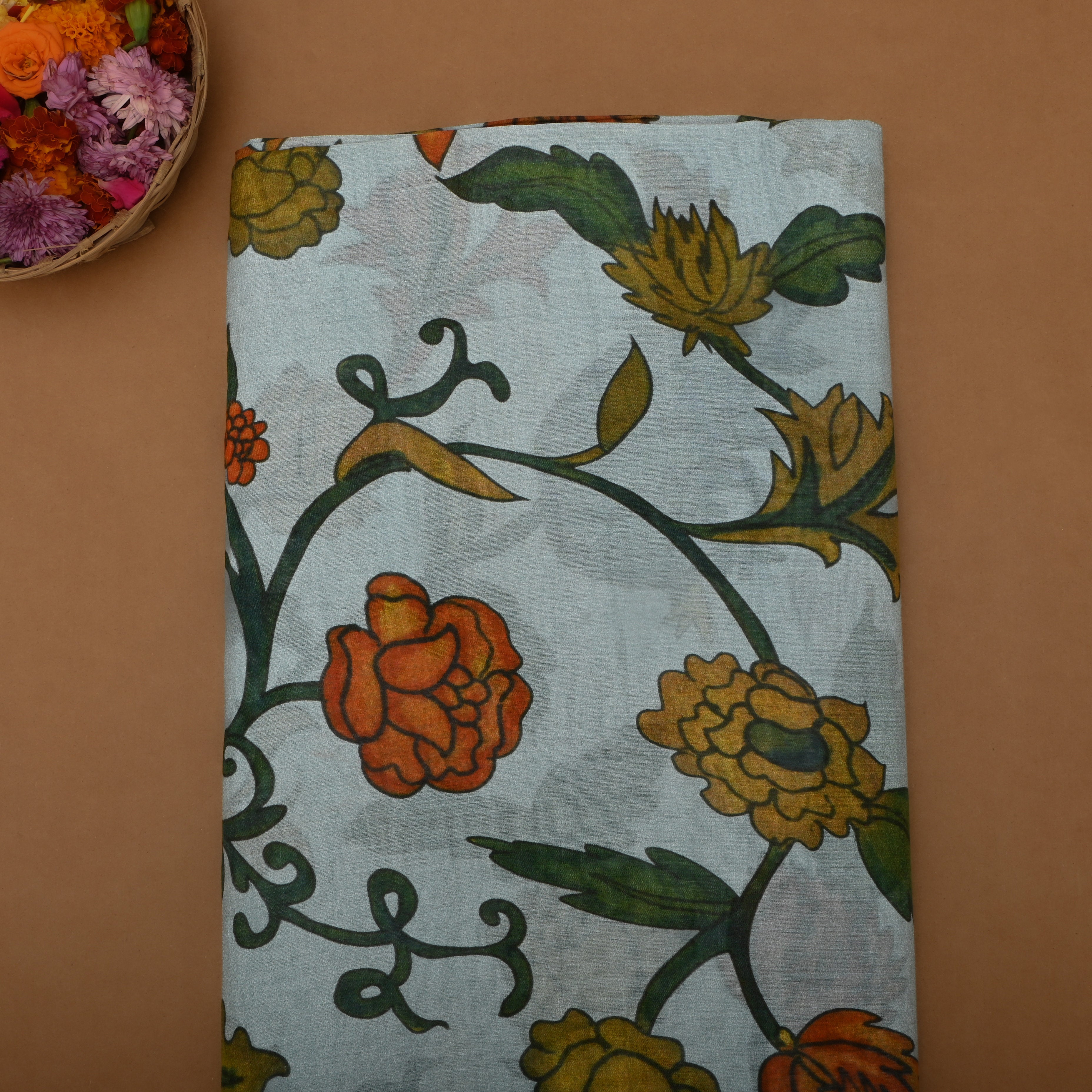 Pastel Blue Tussar Fabric With Kalamkari Floral Patterns