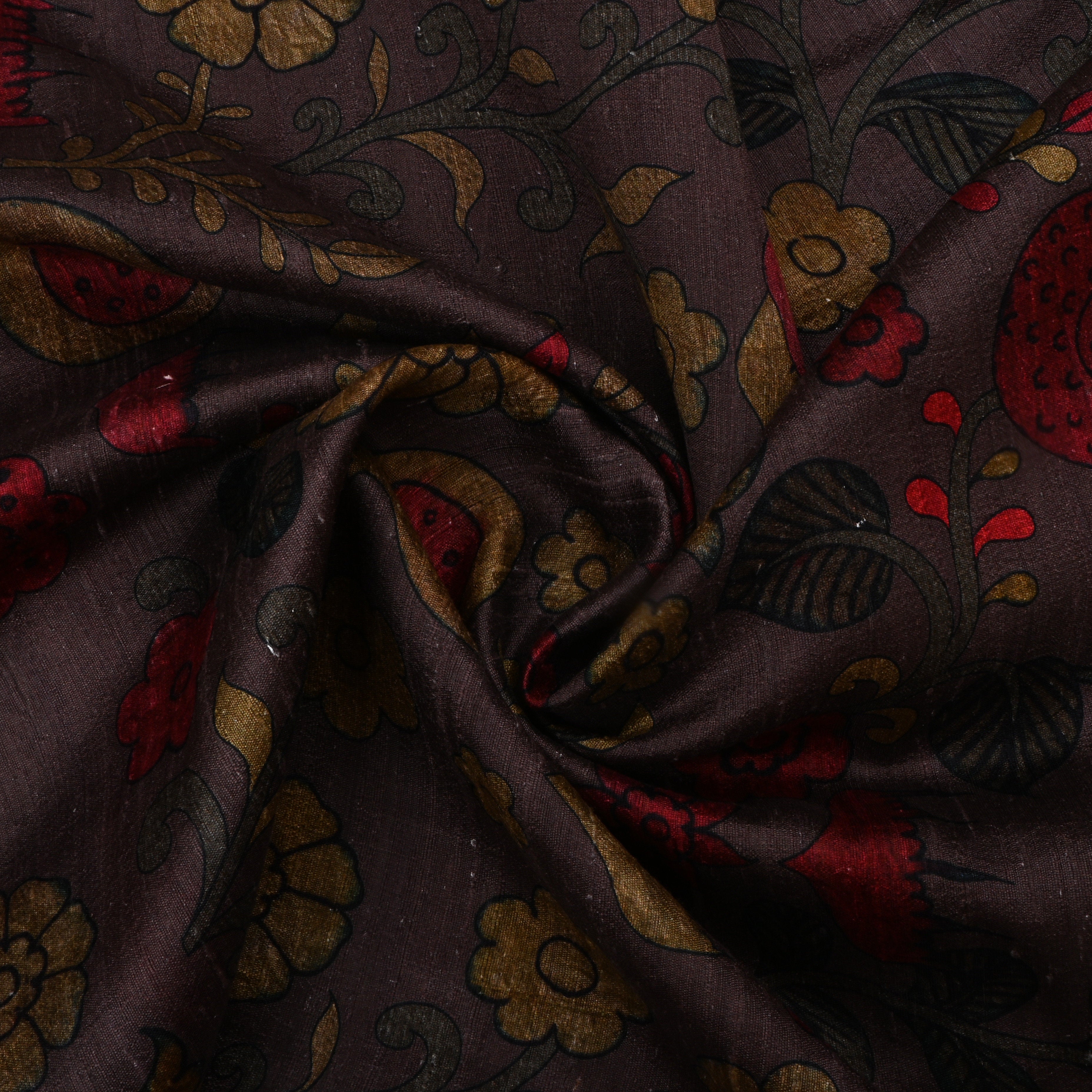 Dark Chocolate Brown Dupion Fabric With Digital Print