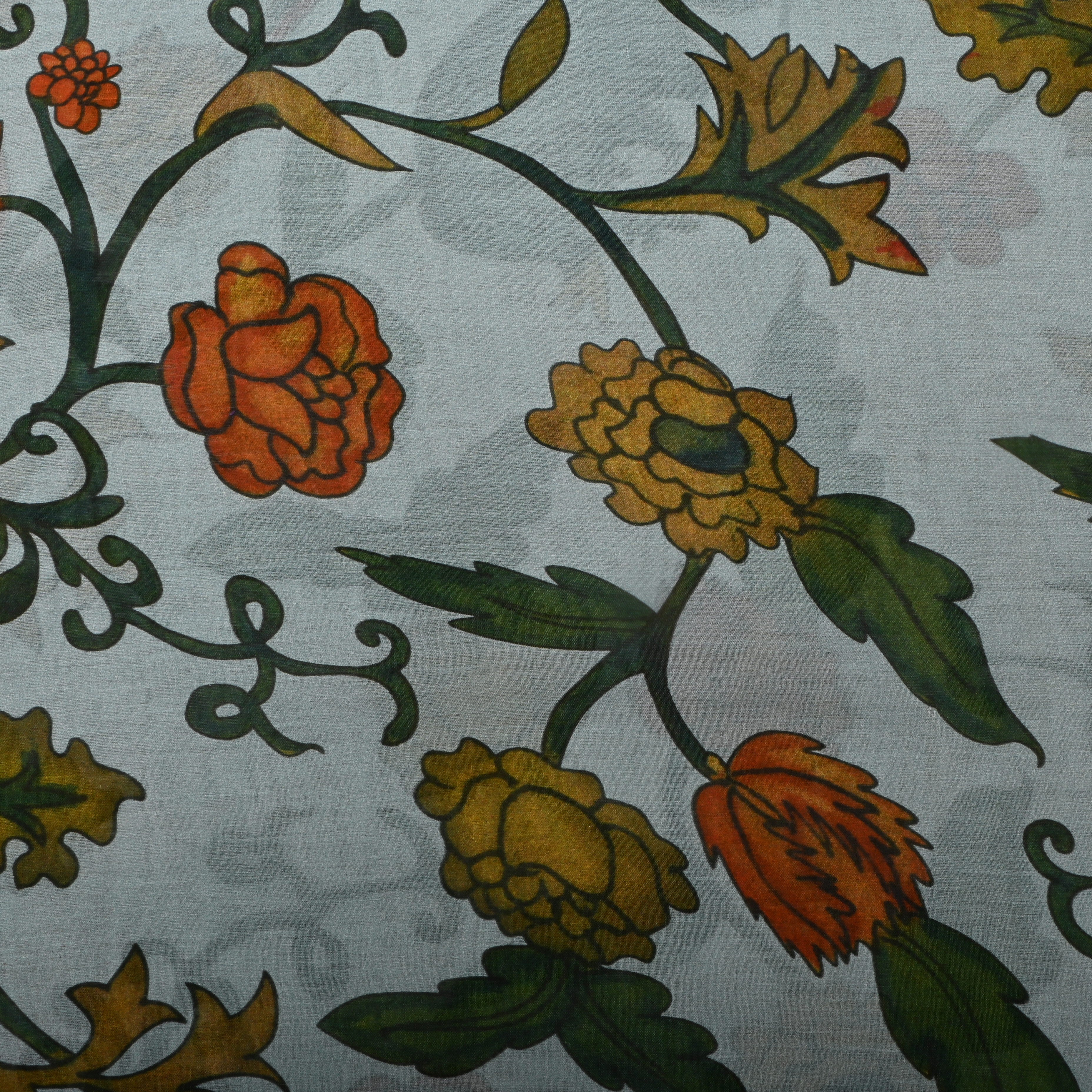 Pastel Blue Tussar Fabric With Kalamkari Floral Patterns