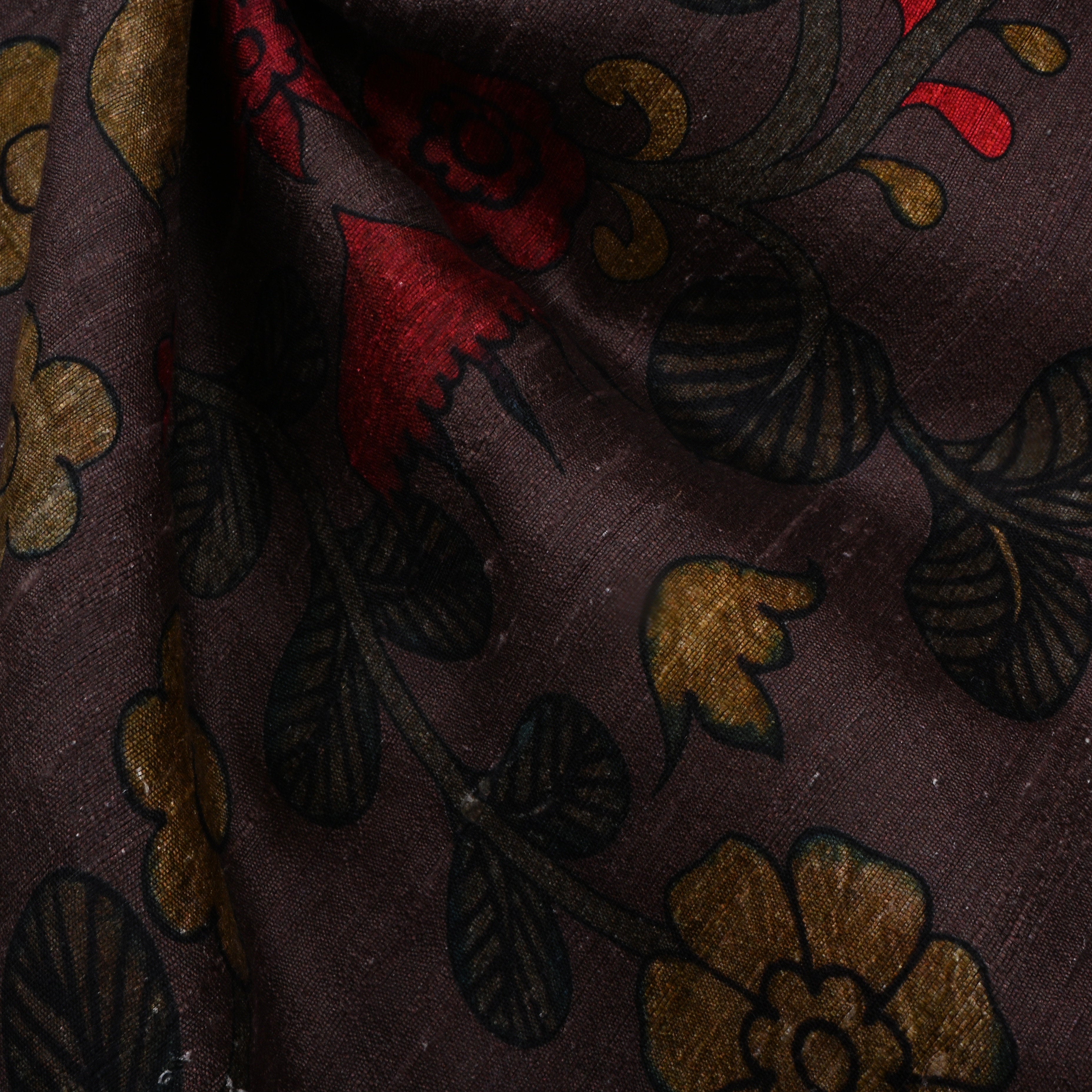 Dark Chocolate Brown Dupion Fabric With Digital Print
