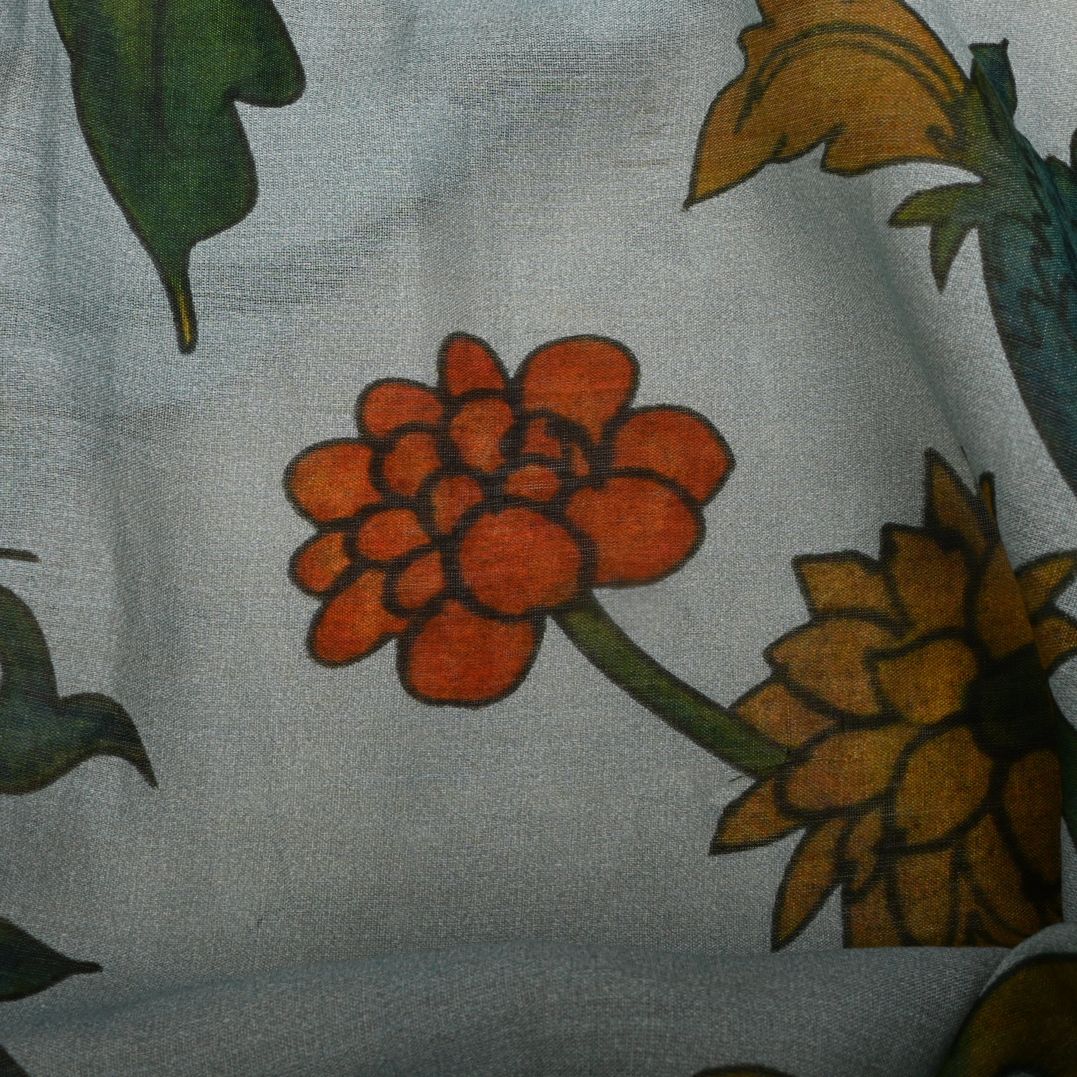 Pastel Blue Tussar Fabric With Kalamkari Floral Patterns