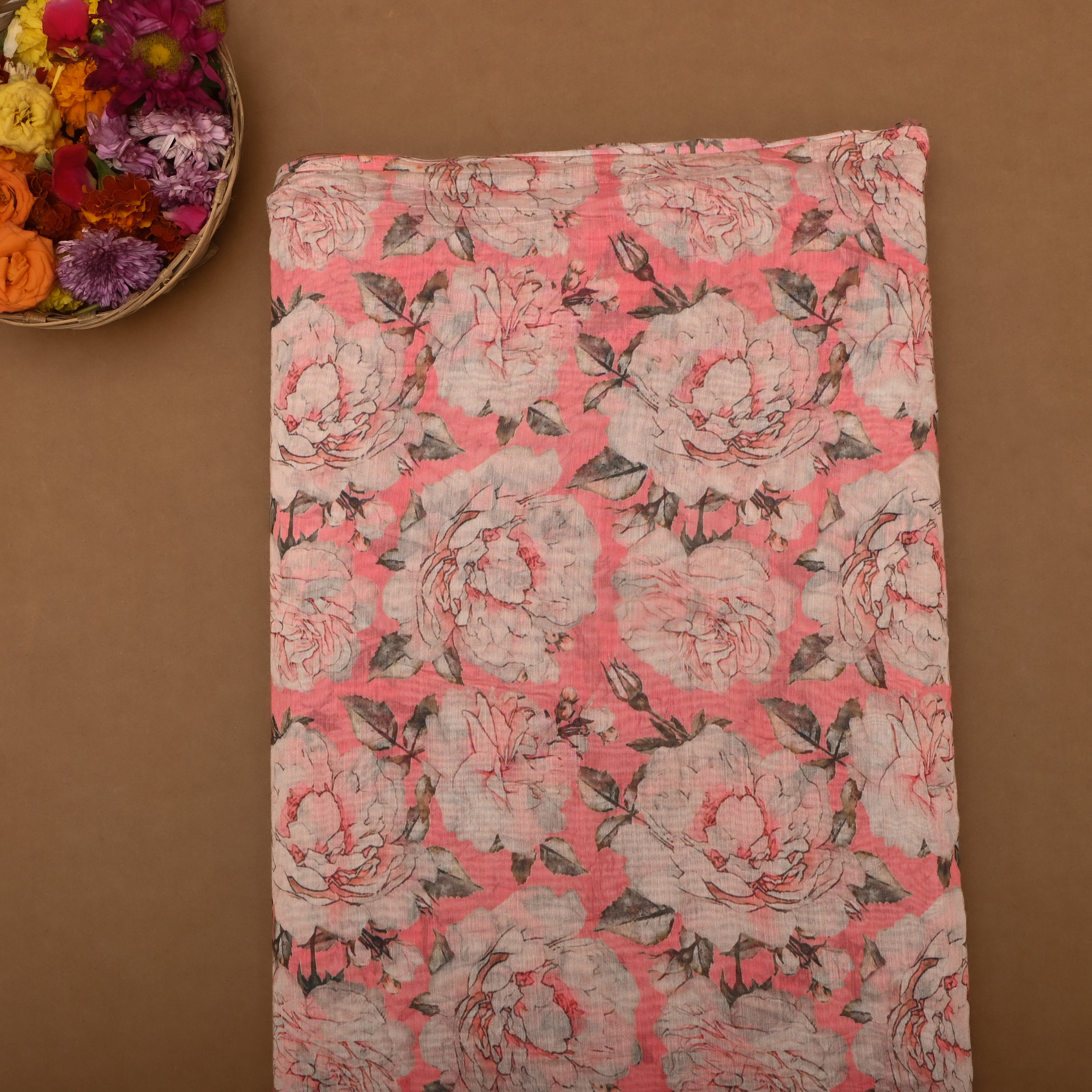 Light Coral Chanderi Fabric With Floral Prints