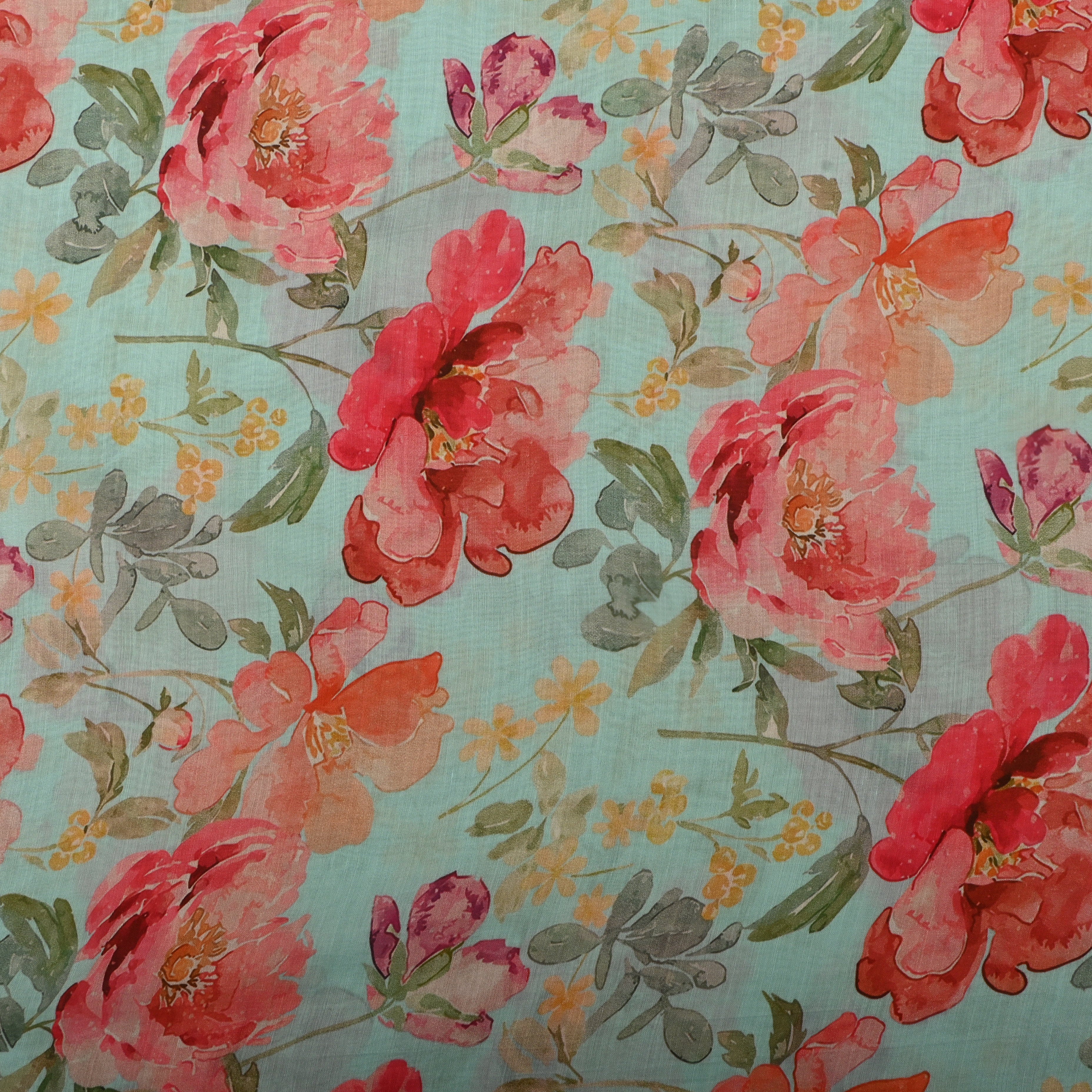 Light Cyan Silk Fabric With Floral Prints