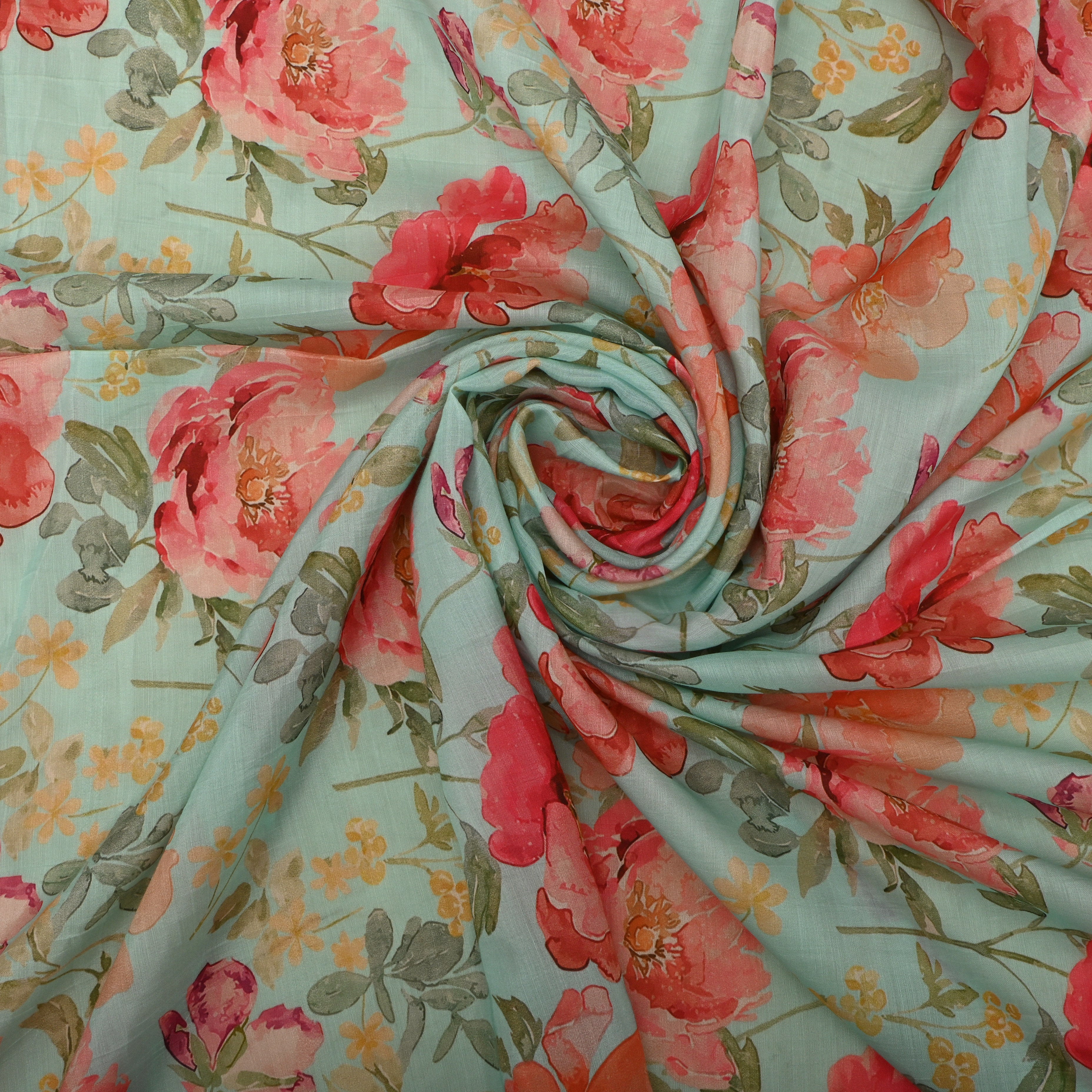 Light Cyan Silk Fabric With Floral Prints