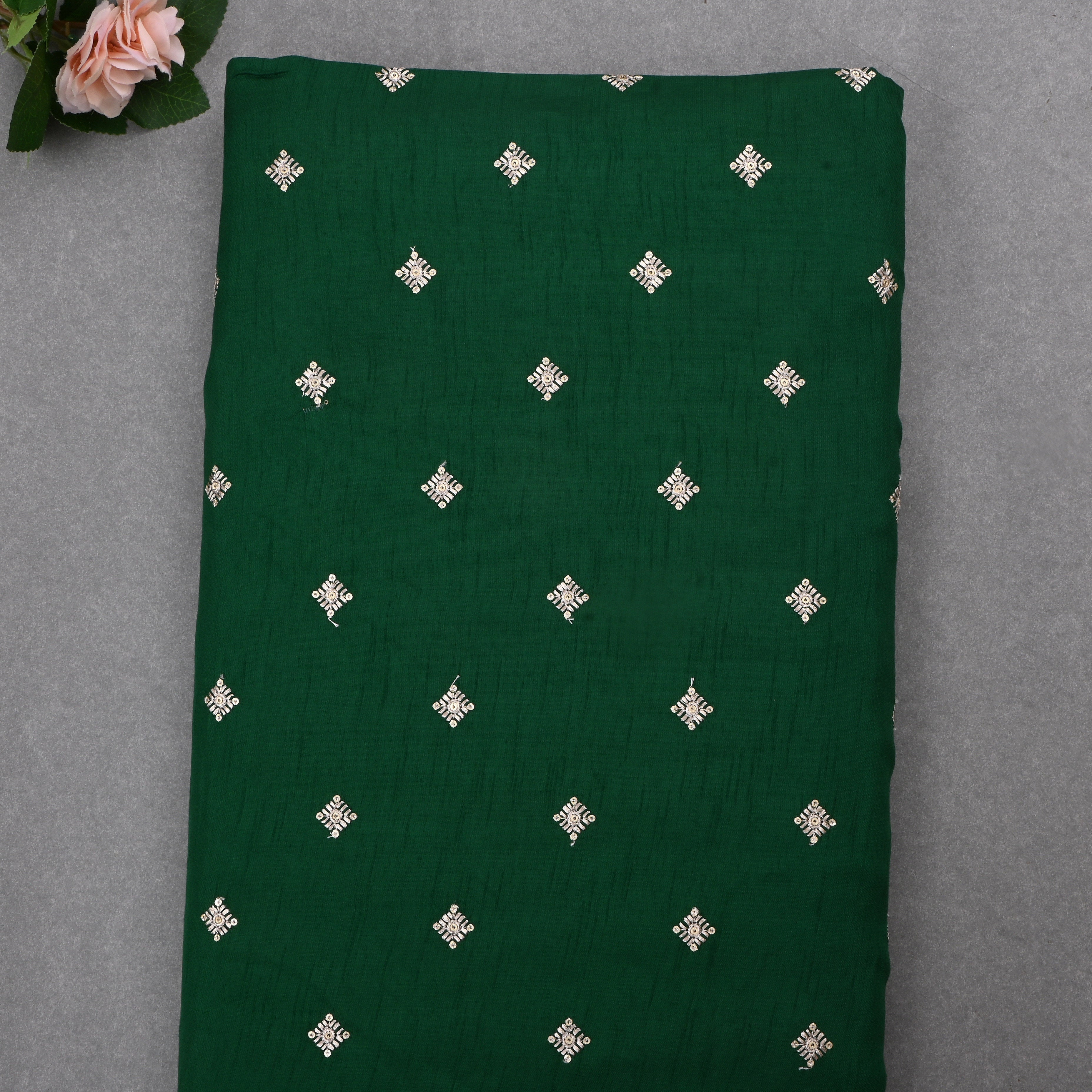 Bottle Green Silk Fabric With Embroidery Work