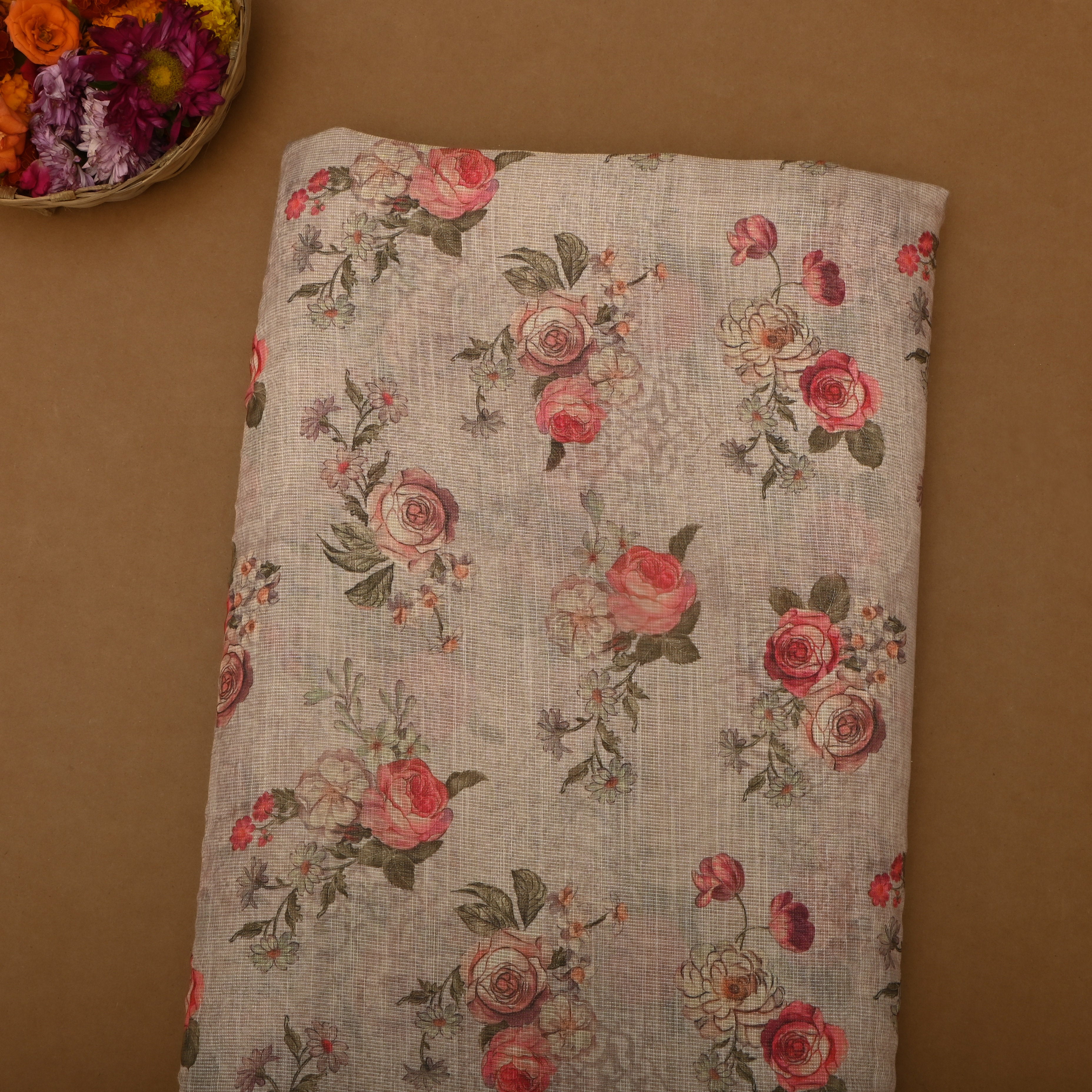 Ivory White Floral Printed Tissue Fabric