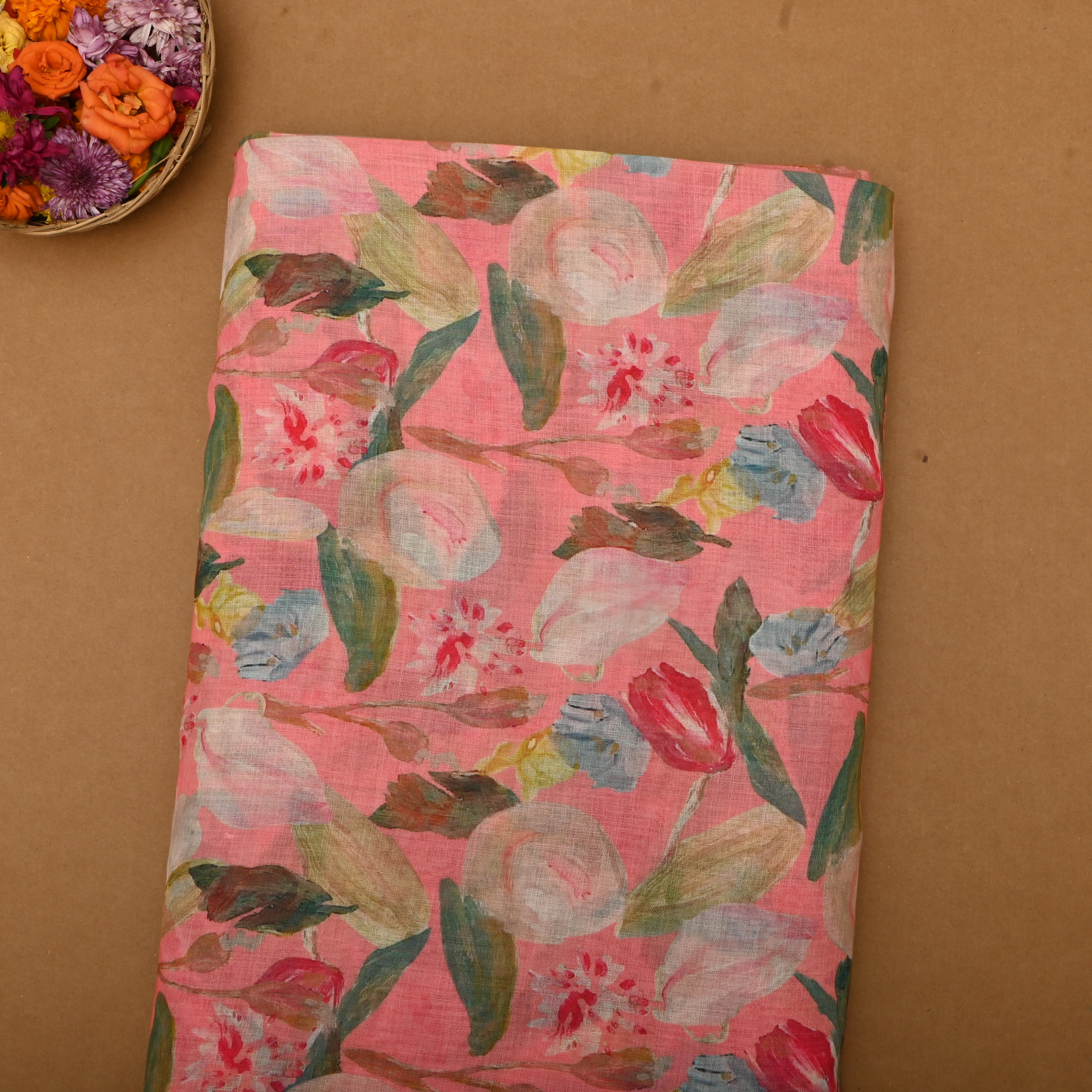 Light Pink Linen Fabric With Floral Prints