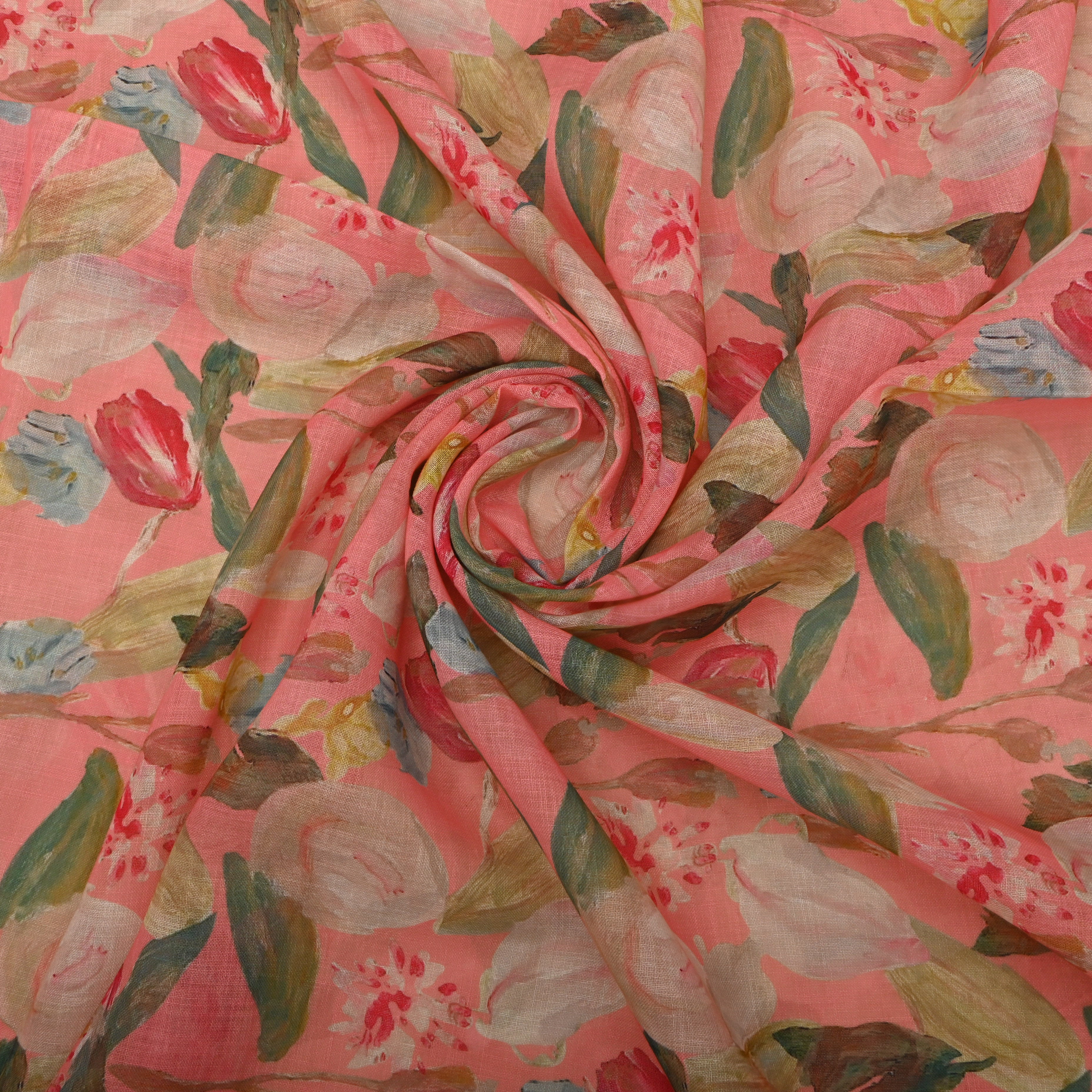 Light Pink Linen Fabric With Floral Prints