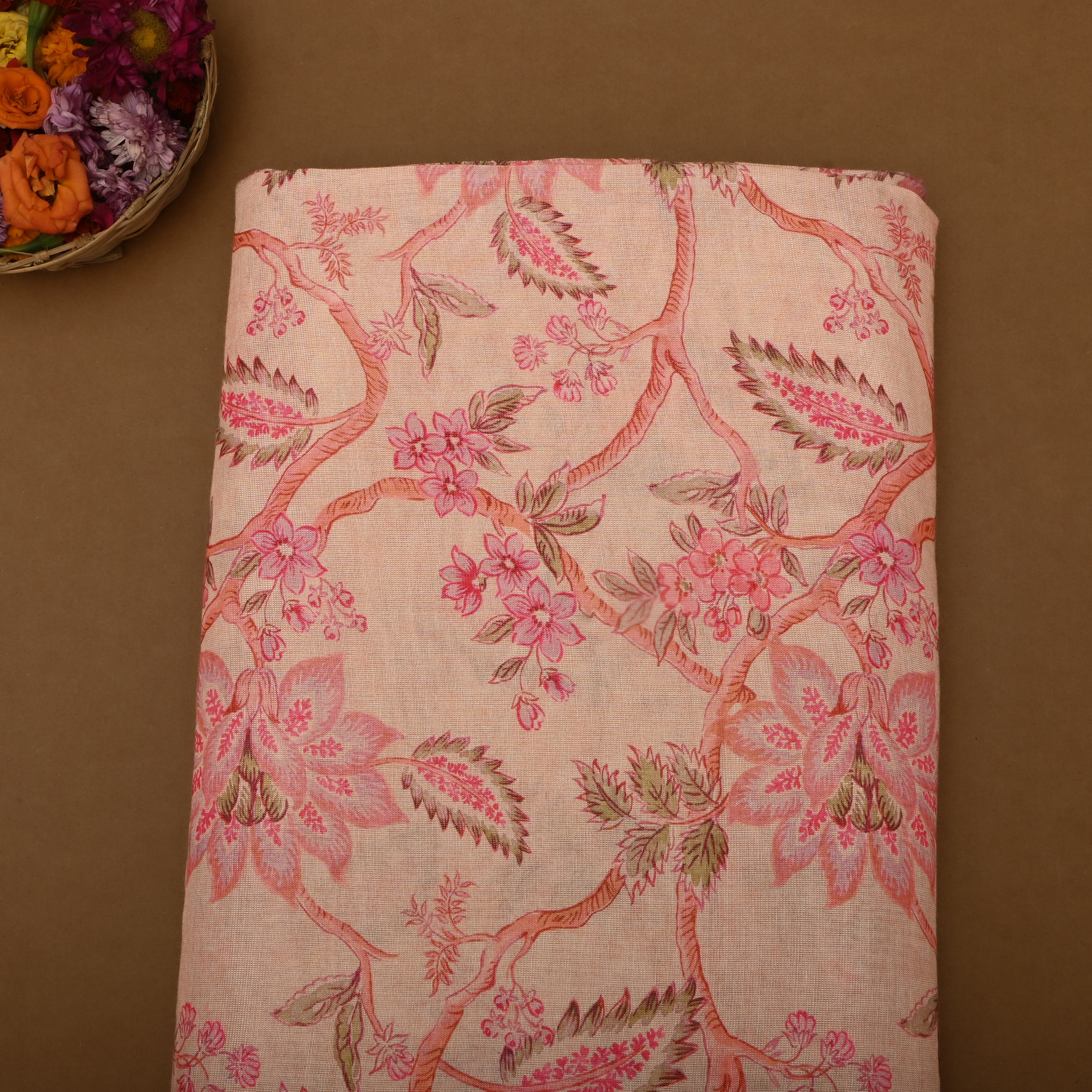 Light Peach Tissue Fabric With Floral Prints