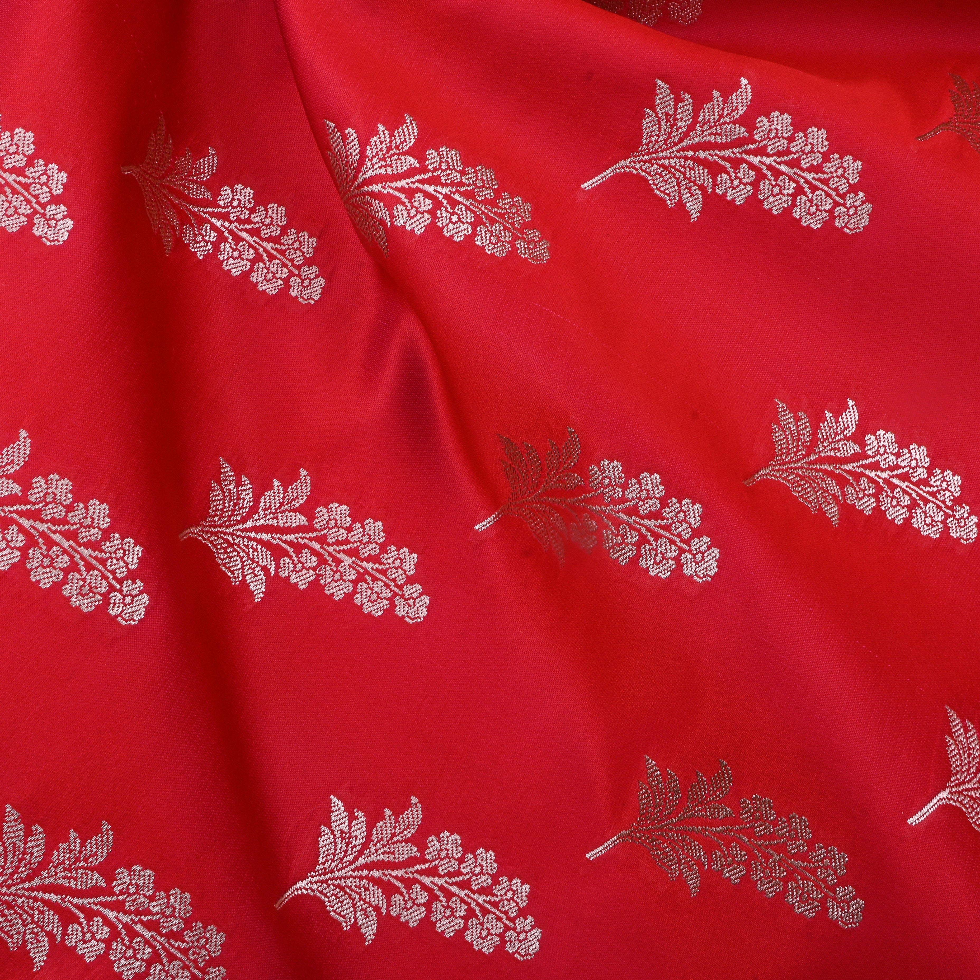 Lava Red Jamawar Satin Fabric With Floral Butti'S