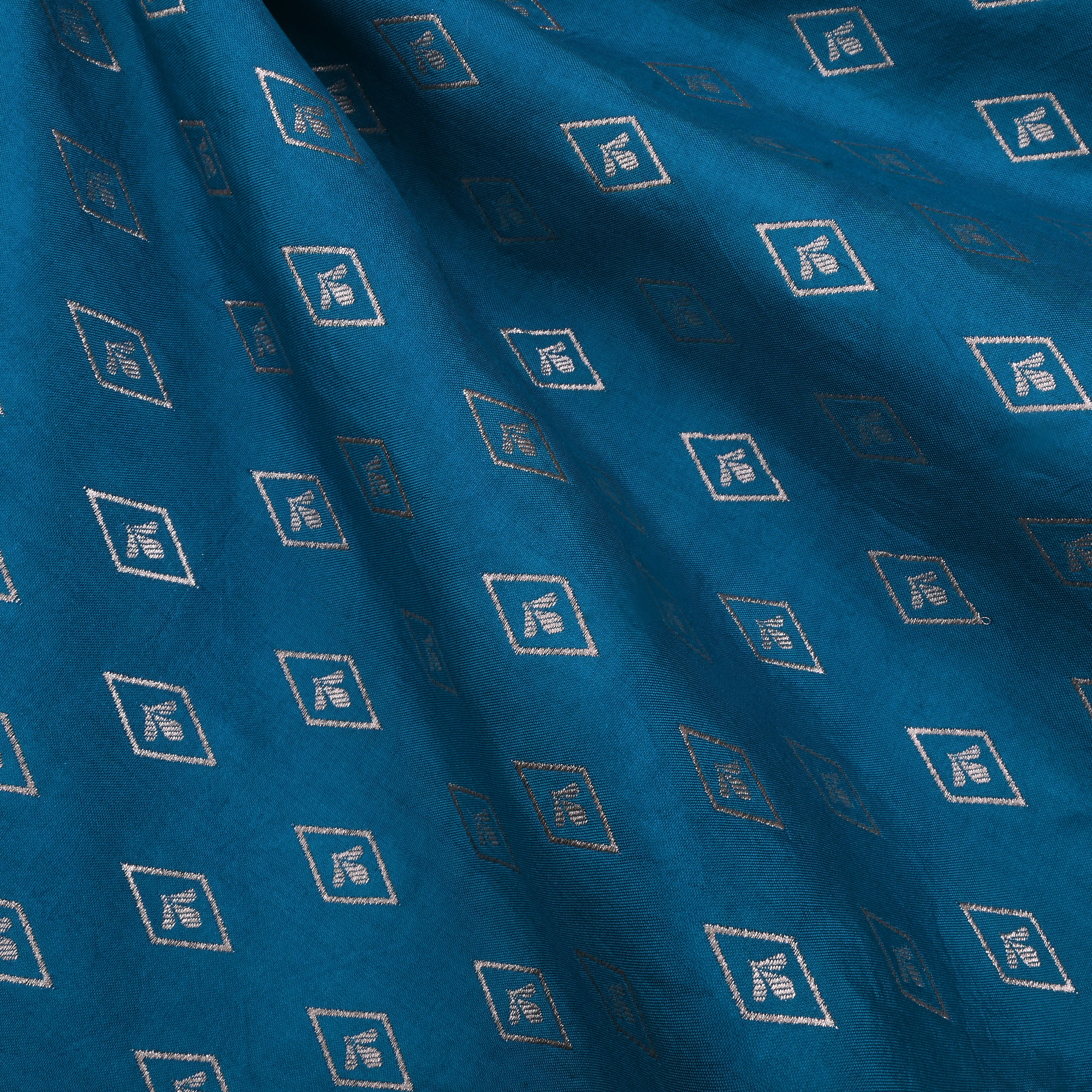 Venice Blue Jamawar Silk Fabric With Diamond Motifs