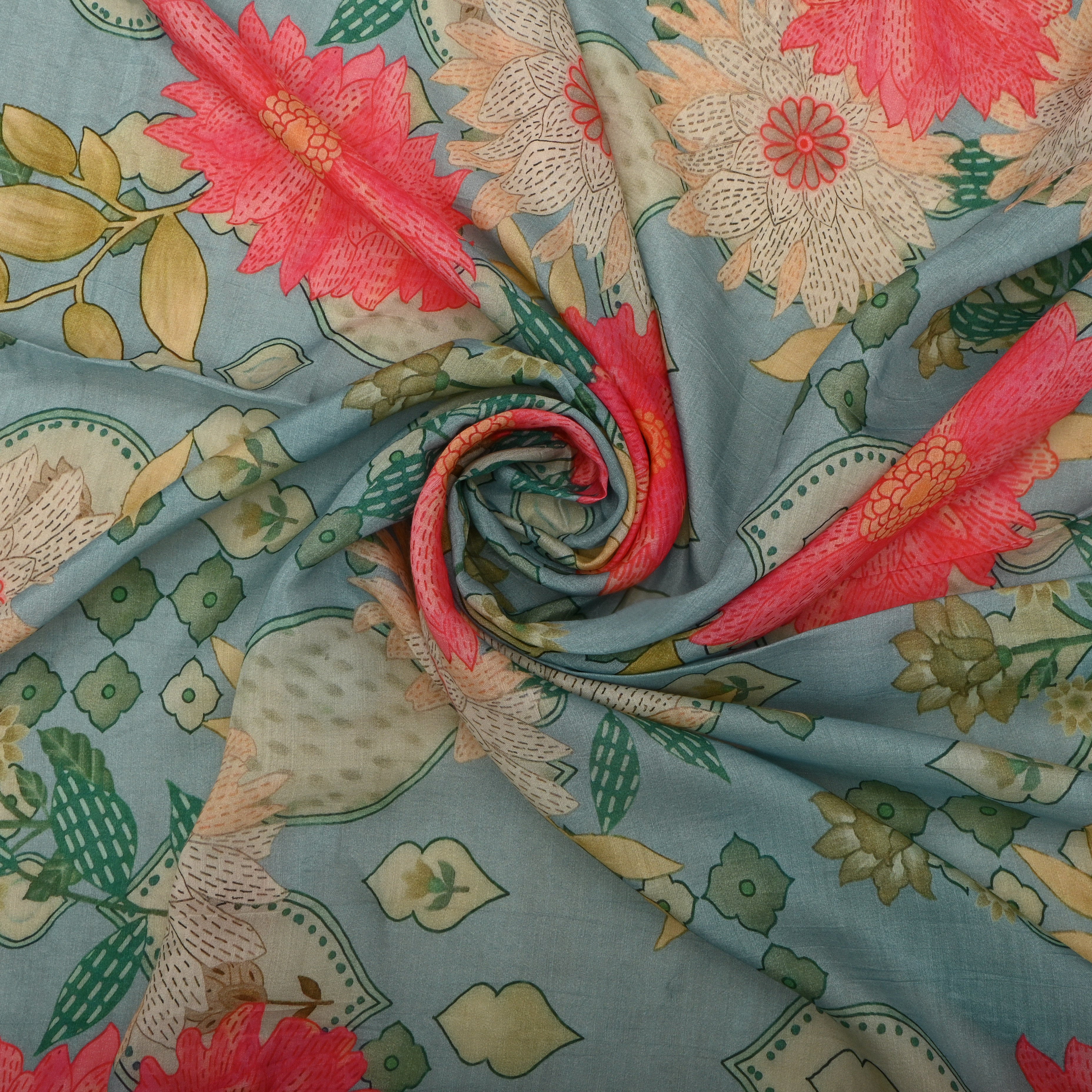 Pale Blue Chanderi Fabric With Floral Prints