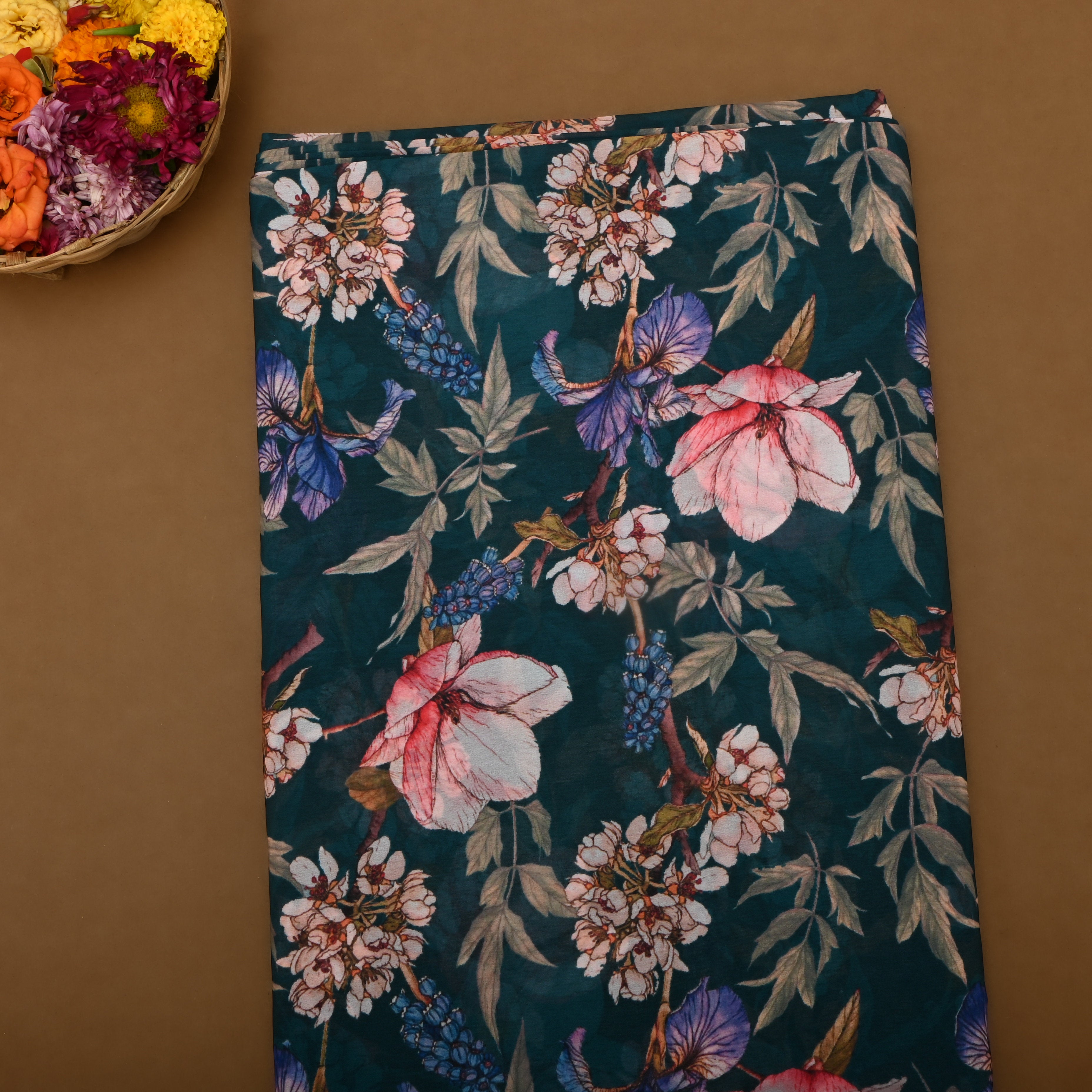 Dark Teal Georgette Fabric With Prints